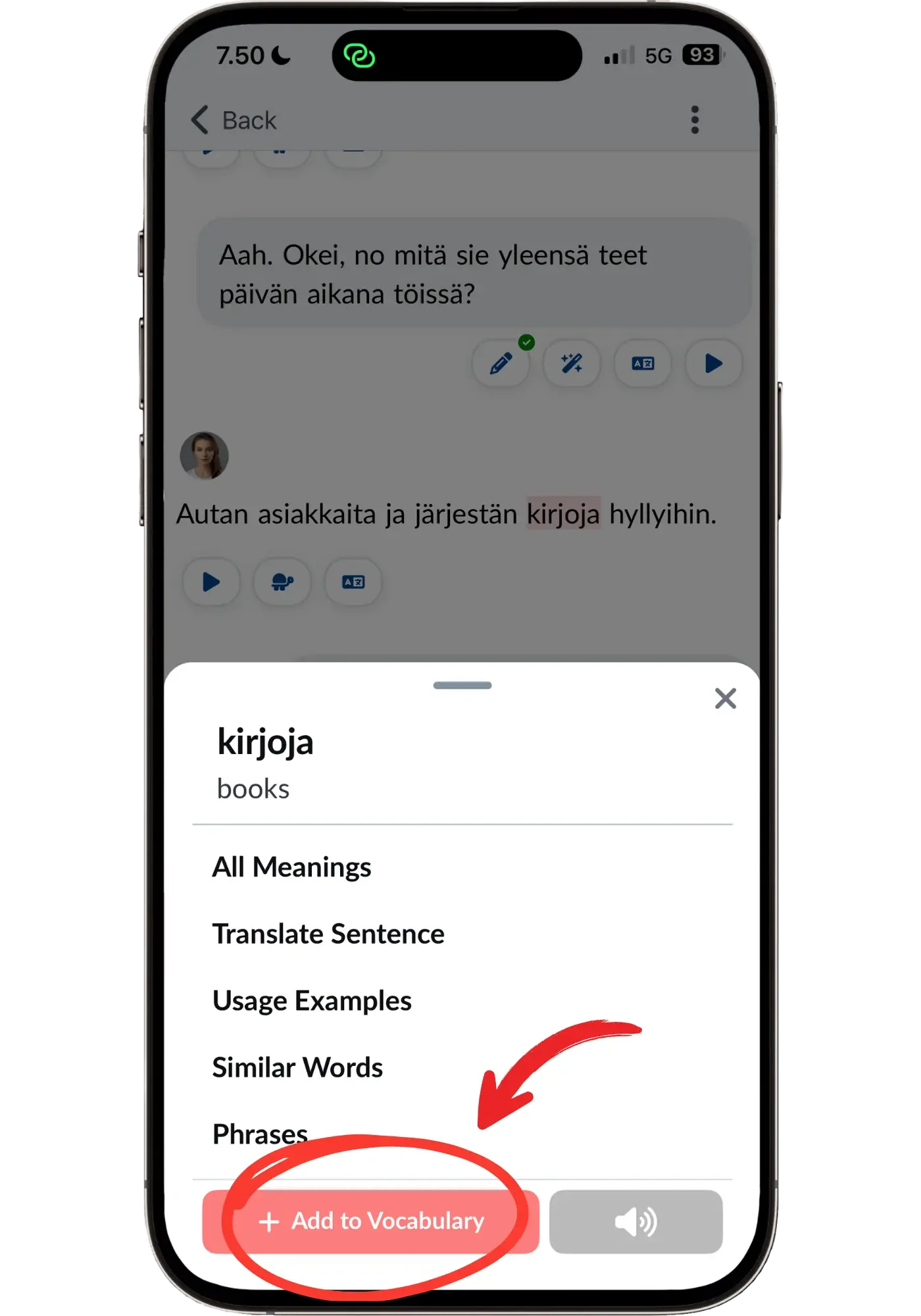Langua's word lookup for the Finnish word "kirjoja", showing the translation plus options for all meanings, sentence translation, usage examples, similar words and phrases, with the Add to Vocabulary button highlighted.