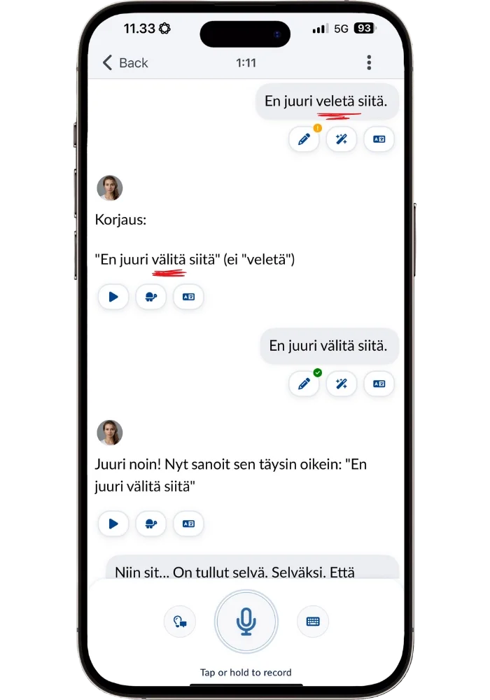 Langua AI catching a Finnish pronunciation mistake — E/Ä vowel confusion corrected mid-conversation