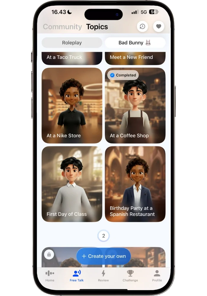 Speak app Topics tab showing Spanish roleplay scenarios including At a Coffee Shop, At a Nike Store, First Day of Class, and Birthday Party at a Spanish Restaurant