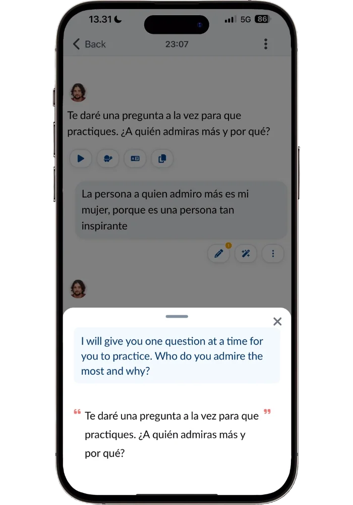 Langua app practicing a frequent grammar mistake through open-ended questions with English translation showing 'Who do you admire the most and why'