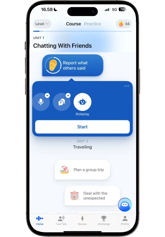 Speak app showing the lesson flow inside a unit — speaking drill and tutor Q&A completed with checkmarks, roleplay next. Each lesson follows this structured progression to build speaking skills step by step.