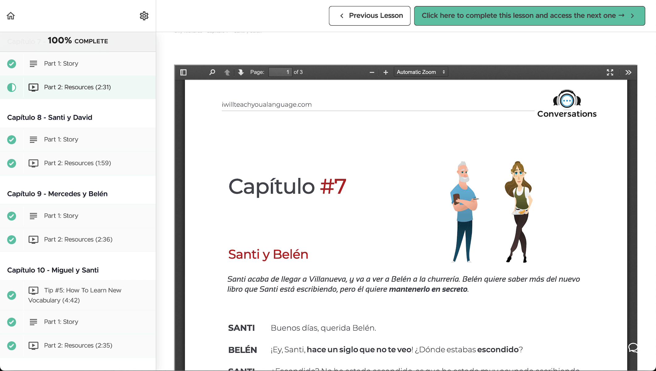 Spanish Conversations Chapter 7 transcript showing dialogue between Santi y Belén with highlighted colloquial phrases like 'hace un siglo que no te veo' used in vocabulary lists for intermediate Spanish learners