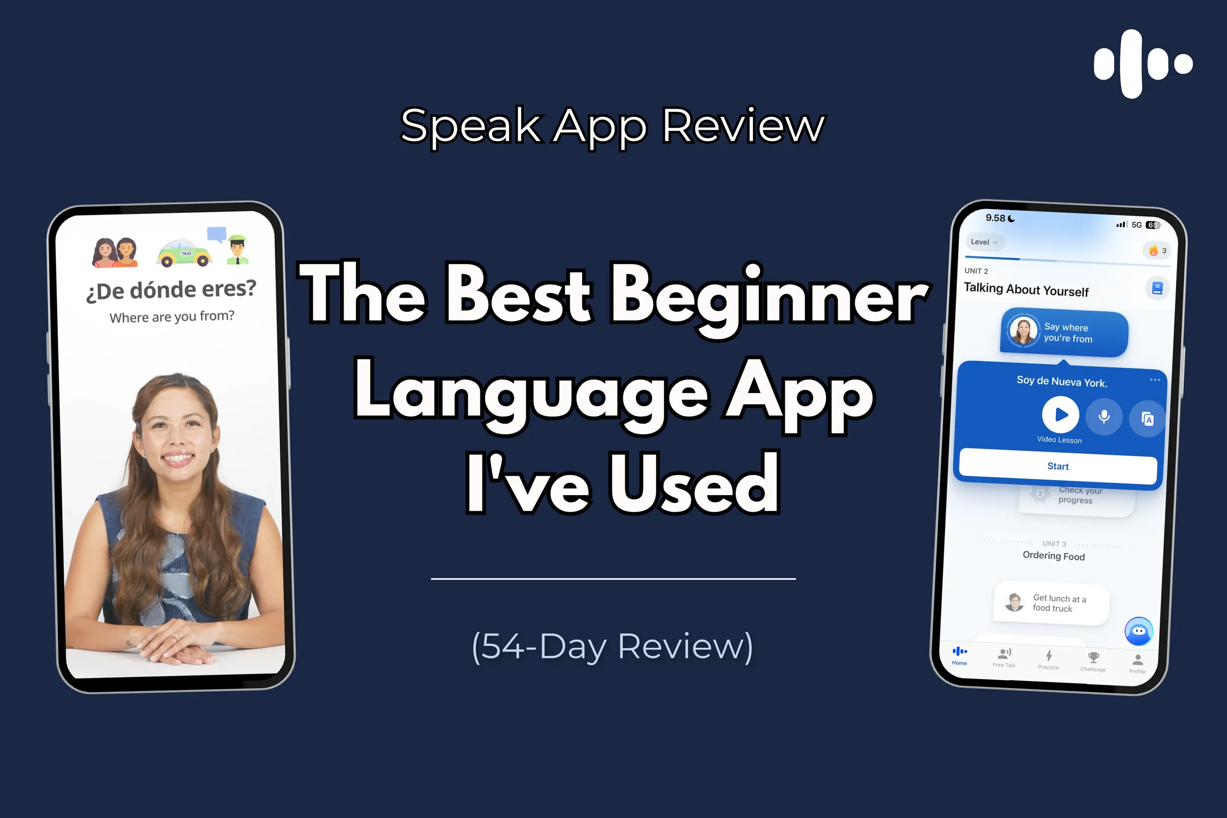 Cover image for Speak app beginner review showing a Spanish video lesson with a bilingual instructor on the left and the structured learning path with Unit 2 "Talking About Yourself" on the right, against a dark navy background.