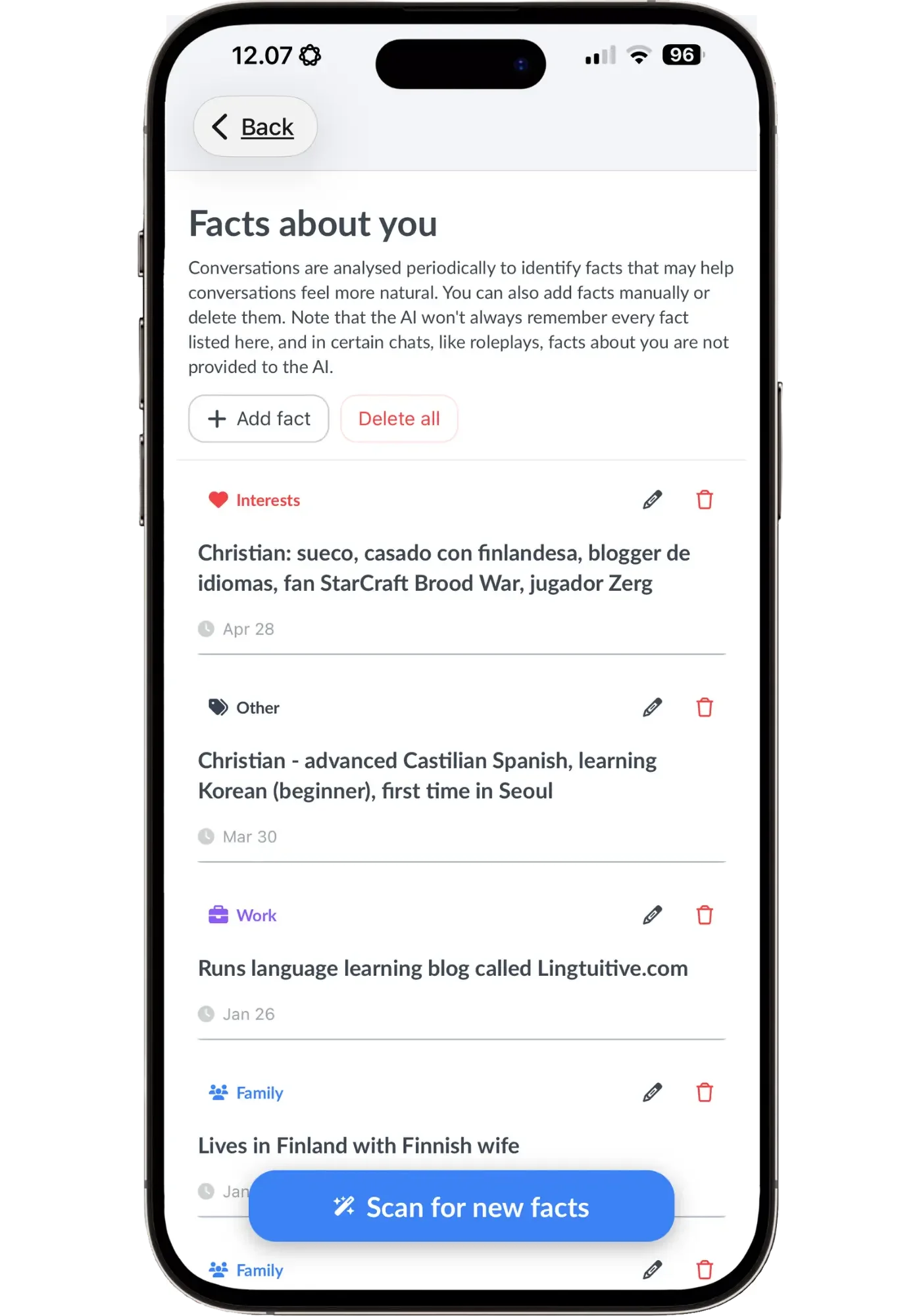 Langua's Facts about you screen, listing saved facts sorted into categories — Interests, Other, Work, Family — each with a date and edit and delete icons, plus buttons to add a fact manually, delete everything, or scan for new facts.