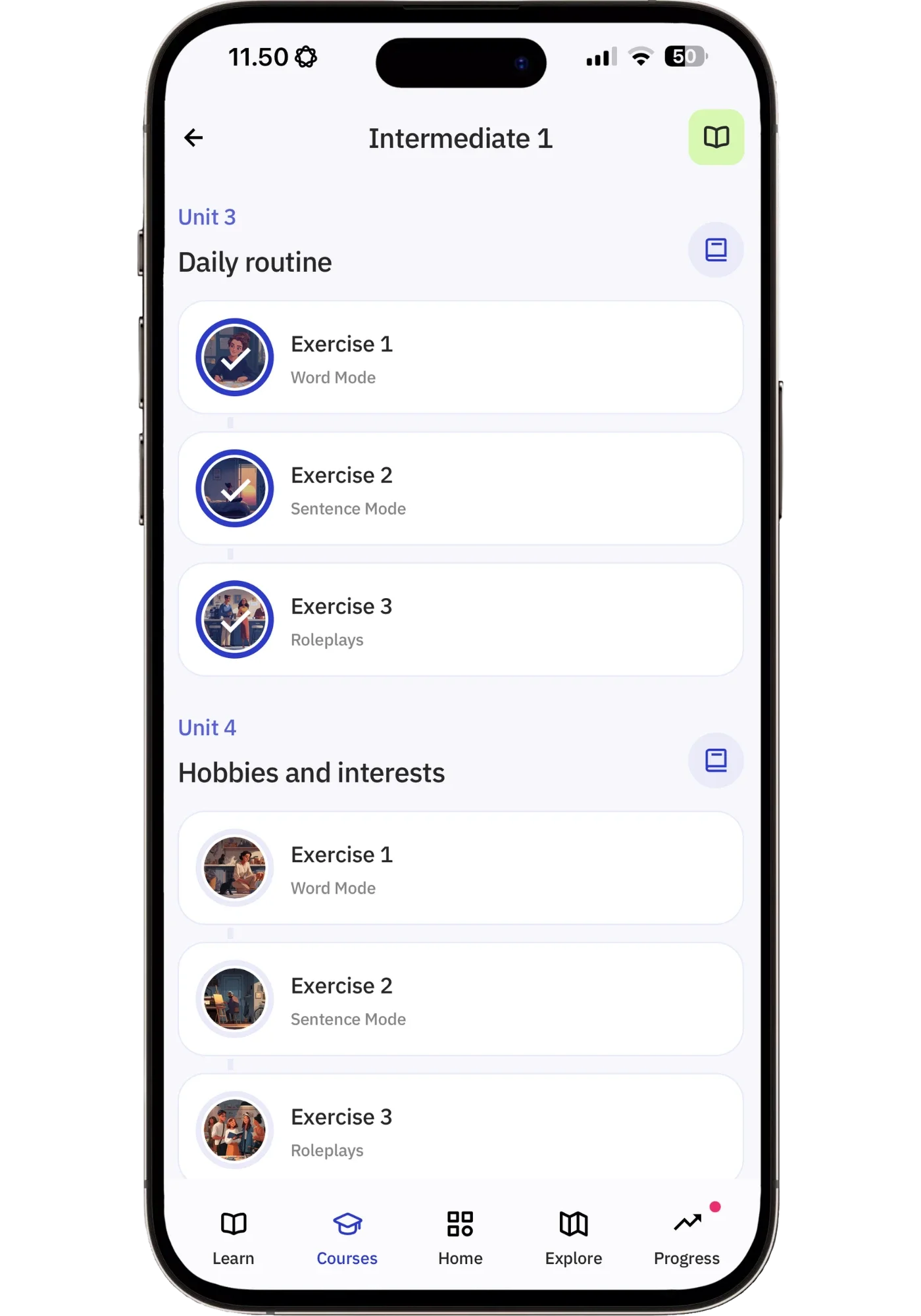 Talkpal’s Intermediate 1 course: Unit 3, “Daily routine,” and Unit 4, “Hobbies and interests,” each with the same three exercises in the same order: Word Mode, Sentence Mode and Roleplays.