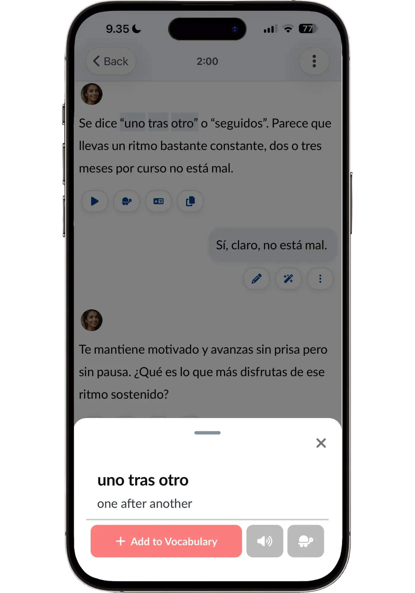 Saving the Spanish phrase "uno tras otro" to vocabulary directly from a Langua conversation transcript.