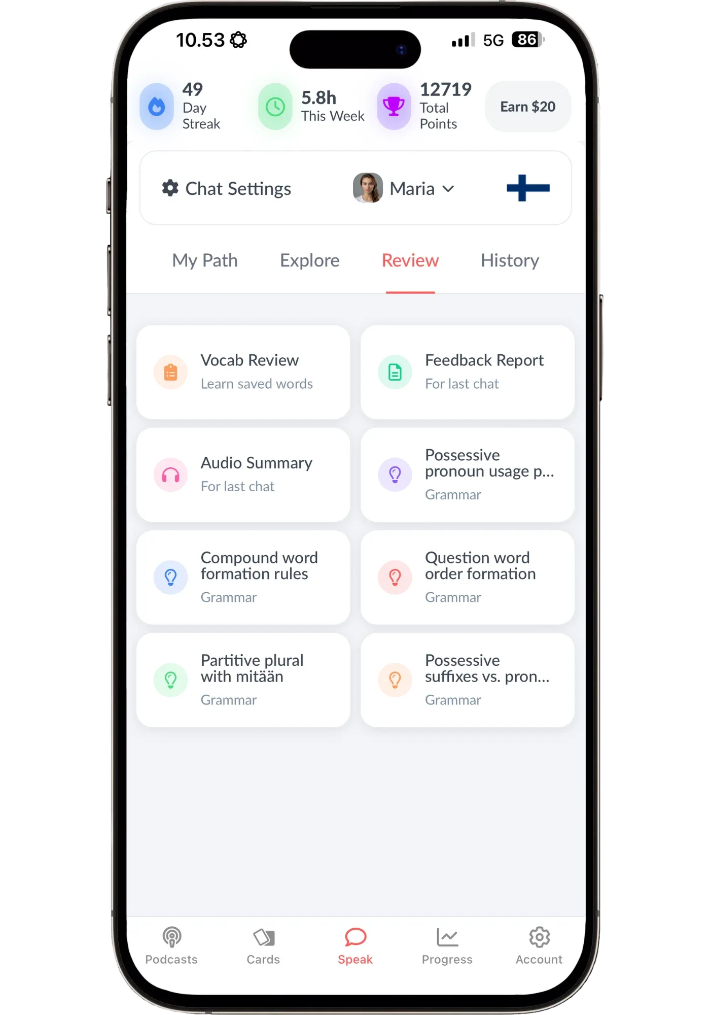 Langua's Review tab in Finnish, with vocab review, the feedback report and audio summary for the last chat, and grammar topics like partitive plural with mitään and possessive suffixes.