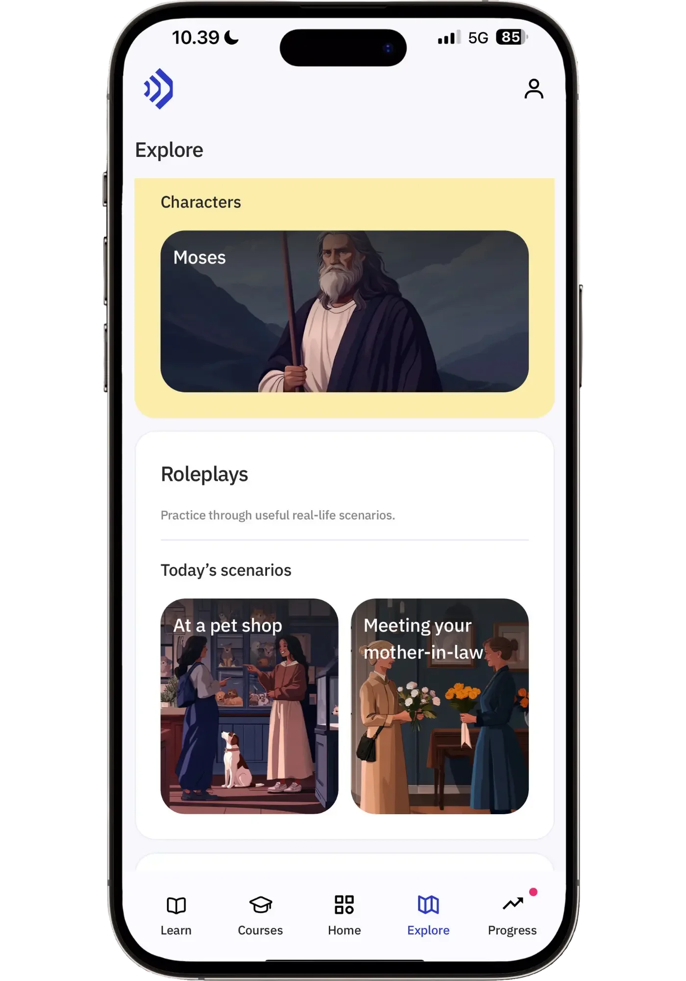Talkpal app Explore page displaying a Moses character card under Characters, with Roleplays section below featuring "At a pet shop" and "Meeting your mother-in-law" scenarios for daily Cantonese speaking practice.