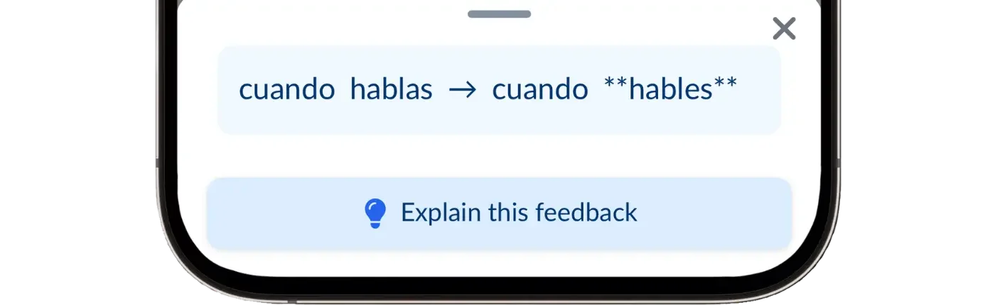 Langua's correction panel changing the Spanish "cuando hablas" to the subjunctive "cuando hables", with an Explain this feedback button below.