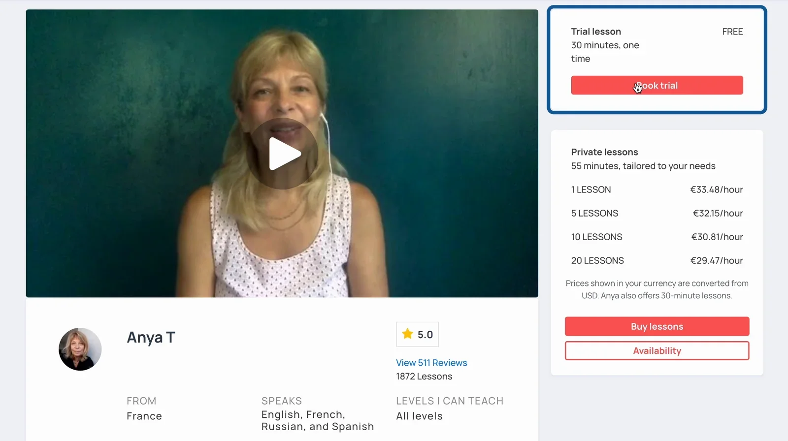 LanguaTalk tutor profile with a free 30-minute trial lesson and the Book trial button highlighted