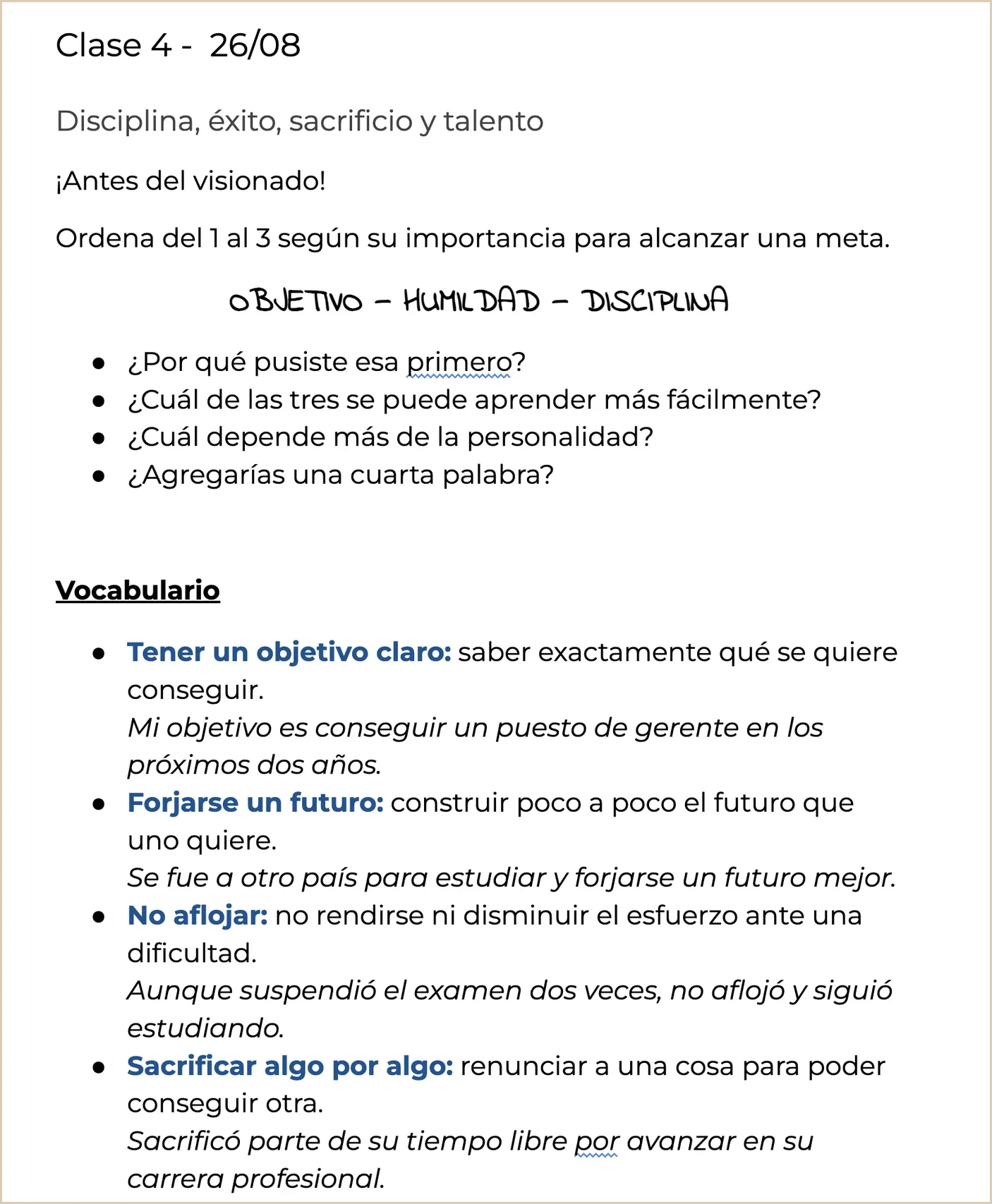 Agustina’s lesson plan for the topic “Disciplina, éxito, sacrificio y talento,” with a warm-up task, discussion questions and vocabulary with example sentences