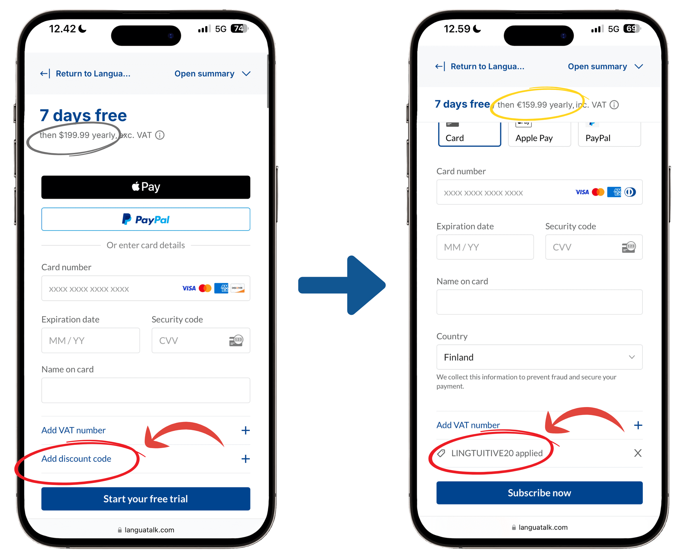 Two side by side screenshots showing how to apply LINGTUITIVE20 discount code for 20% off Langua Unlimited Annual Plans, showing price going from $199.99 to $159.99 when code is applied