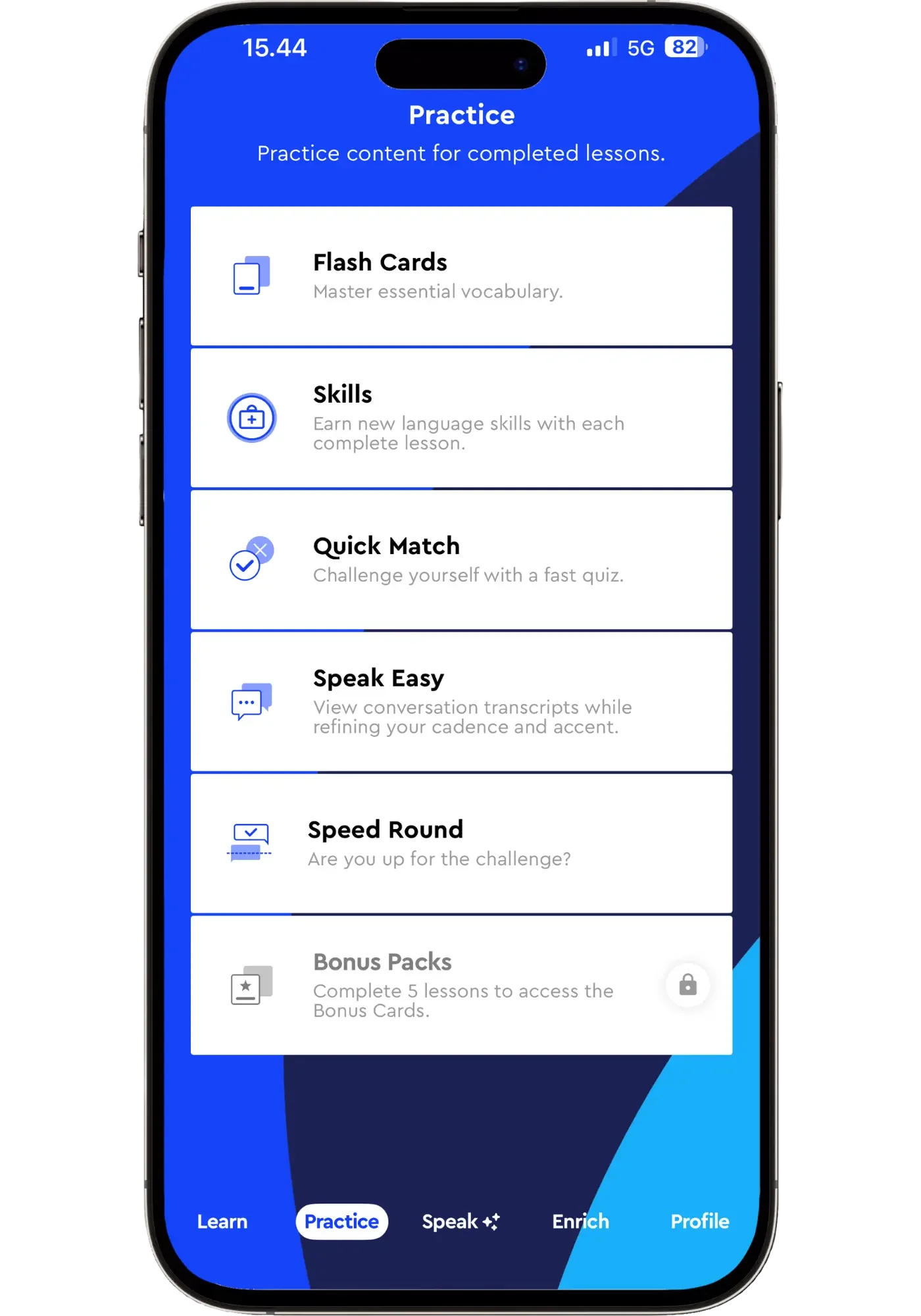 The Pimsleur Practice screen listing extra features like Flash Cards, Skills, Quick Match, Speak Easy, Speed Round, and Bonus Packs.