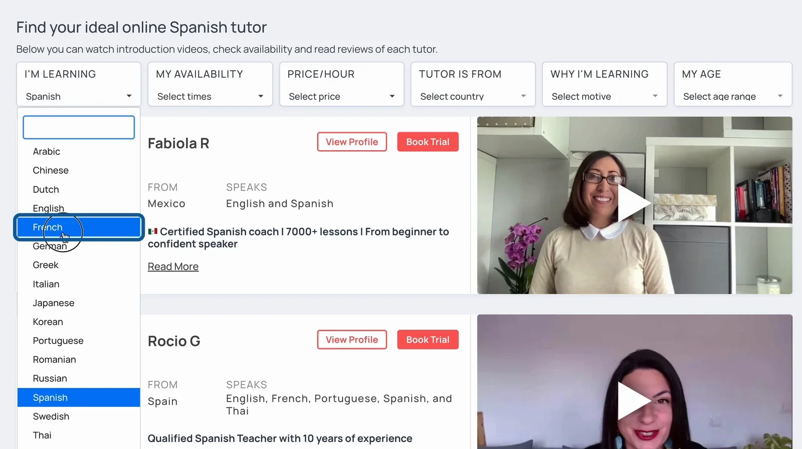 LanguaTalk tutor search page with the “I’m learning” menu open and French selected