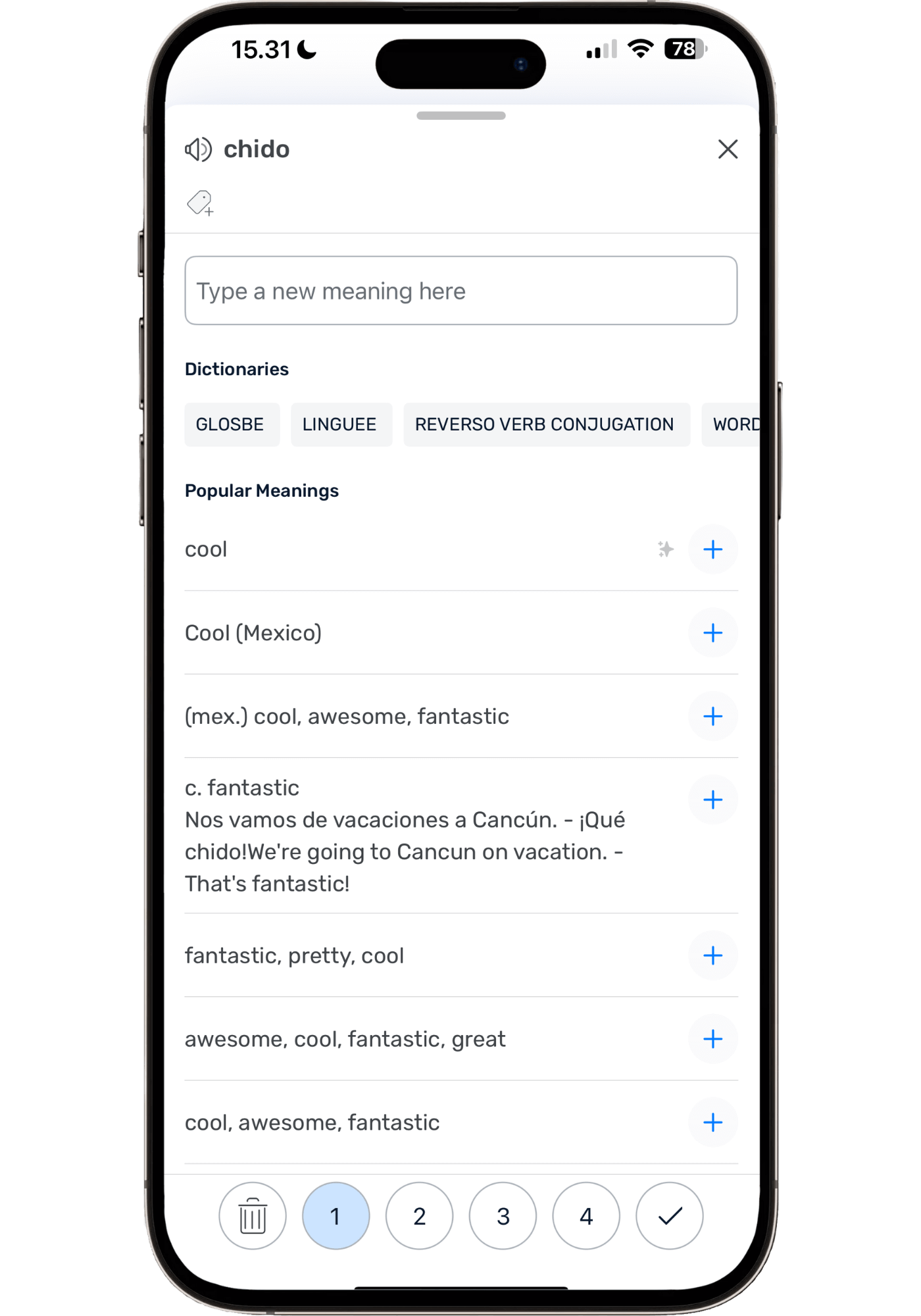 LingQ pop-up dictionary interface showing Spanish word "chido" with multiple dictionaries, user-submitted meanings like "cool" and "awesome”, AI-suggested contextual definitions, and option to add custom meanings for personalized vocabulary learning