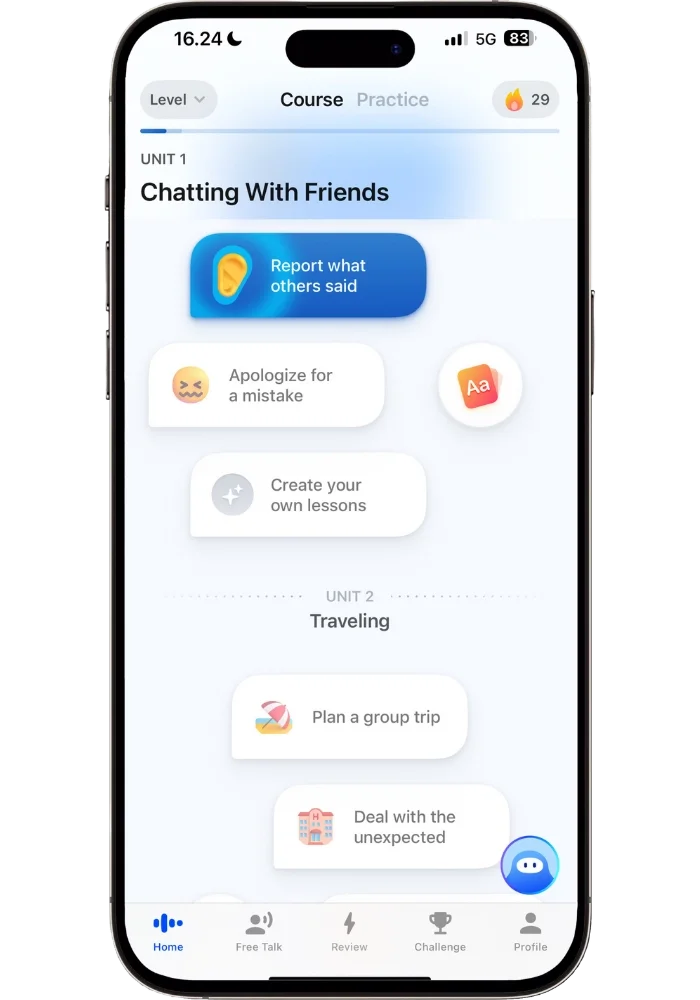 Speak app course path showing structured units like Chatting With Friends and Traveling with individual lessons and progression. Speak's layout makes it clear exactly what to do next.