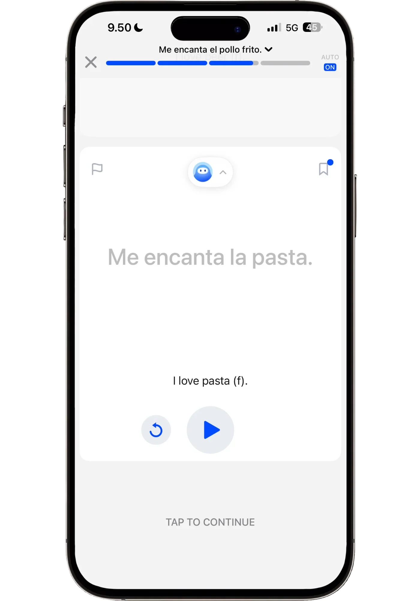 Speak app speaking drill displaying the Spanish phrase "Me encanta la pasta." with the English translation "I love pasta (f)." below, part of a food-related lesson.