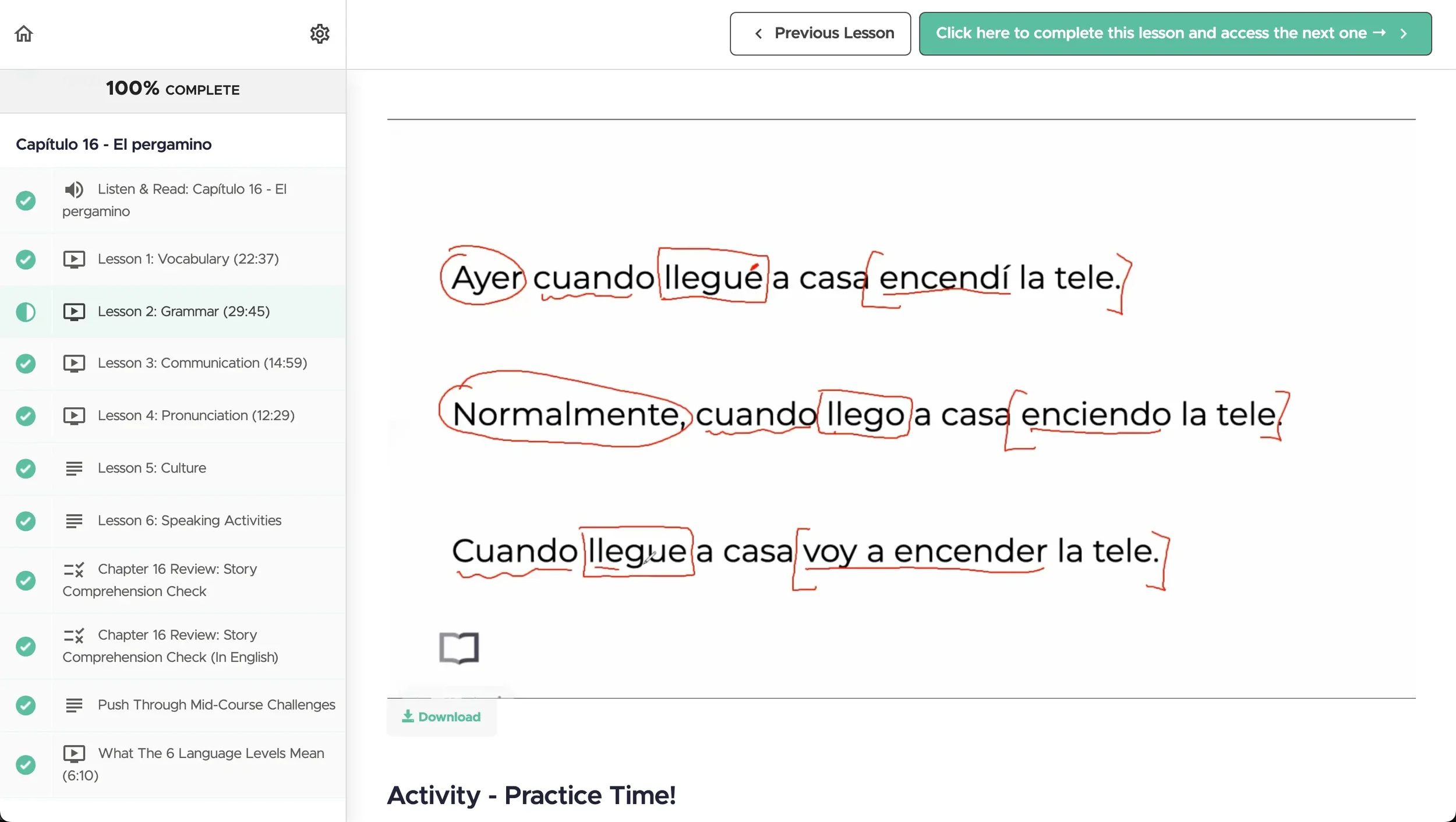 Grammar lesson from Spanish Uncovered Intermediate Chapter 16 breaking down the Spanish subjunctive mood with annotated examples showing verb forms in different tenses