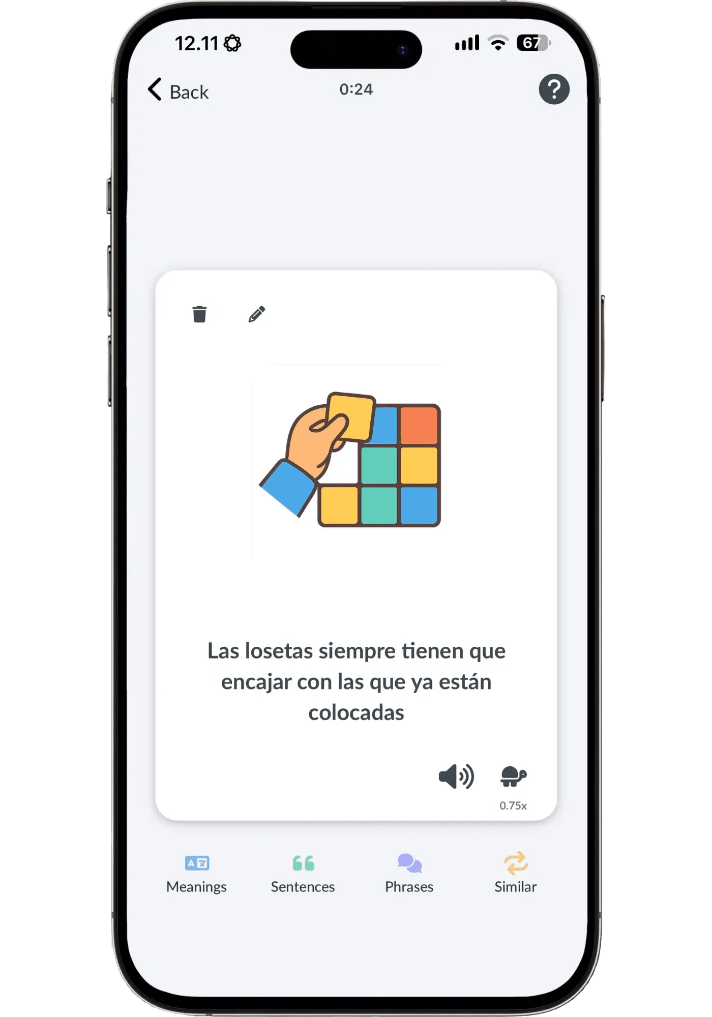 The back of the same Langua flashcard, with the Spanish sentence “Las losetas siempre tienen que encajar con las que ya están colocadas” and buttons to play the audio at normal or slower speed