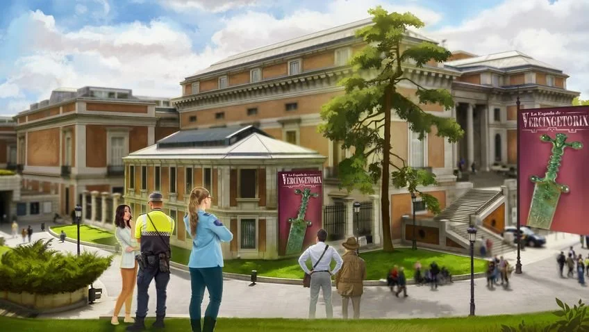 Illustrated scene from the Spanish Uncovered Intermediate story featuring detective Martinez and the mysterious sword of Vercingétorix outside a museum in Spain