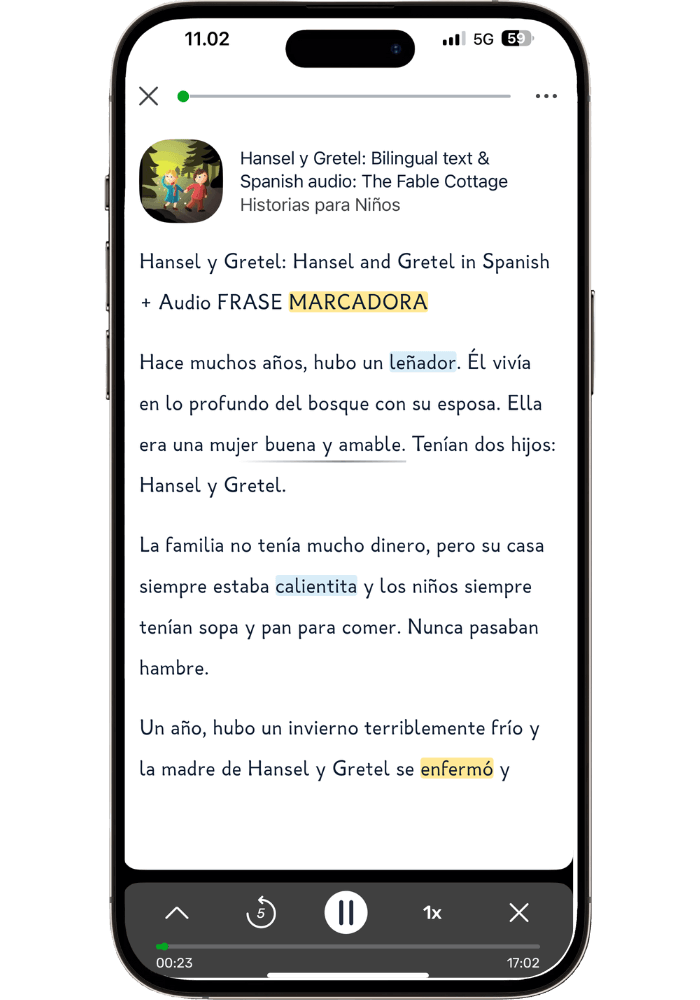 LingQ advanced Spanish reading showing same Hansel and Gretel text with mostly white known words after years of learning, demonstrating visible language progress