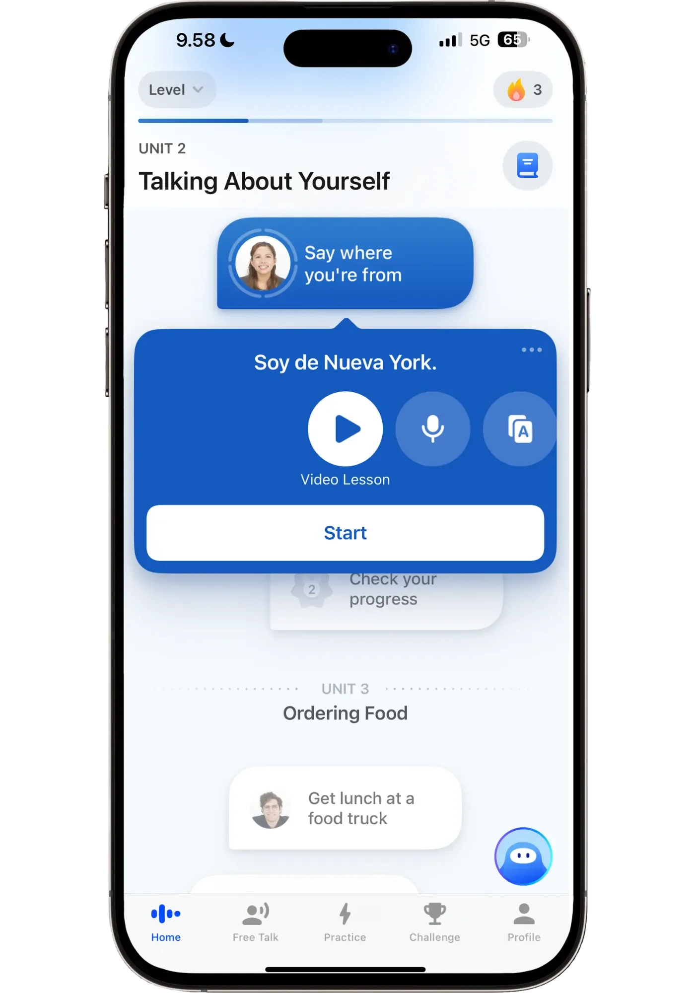 Speak app's "Say where you're from" lesson expanded to show the Spanish phrase "Soy de Nueva York," with Video Lesson, speaking, and translation icons, plus a Start button to begin the lesson.