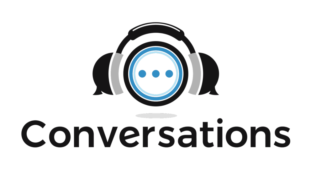 Logo for StoryLearning's Conversations courses, showcasing two speech bubbles on either side, a pair of headphones centered between them, and three dots in the middle, with the word "Conversations" written below in a clear, bold font.