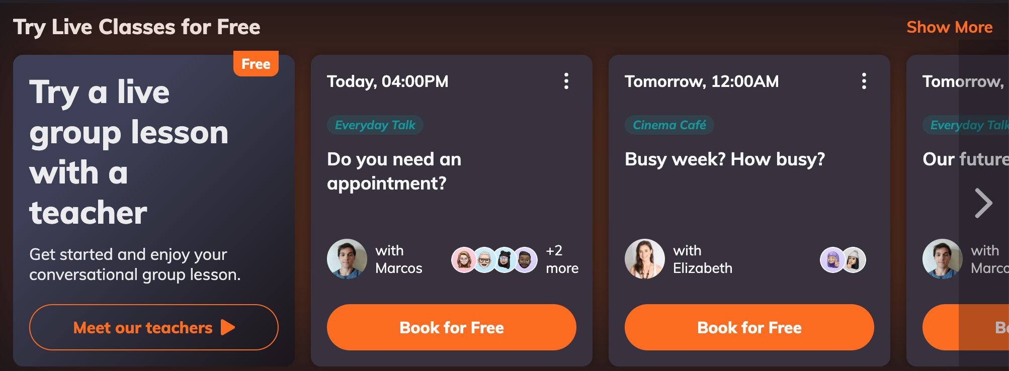 Lingopie's live group lessons booking interface, showing upcoming sessions with teachers and topics like "Everyday Talk" and "Cinema Café," with a "Try a live group lesson with a teacher" promo card on the left.