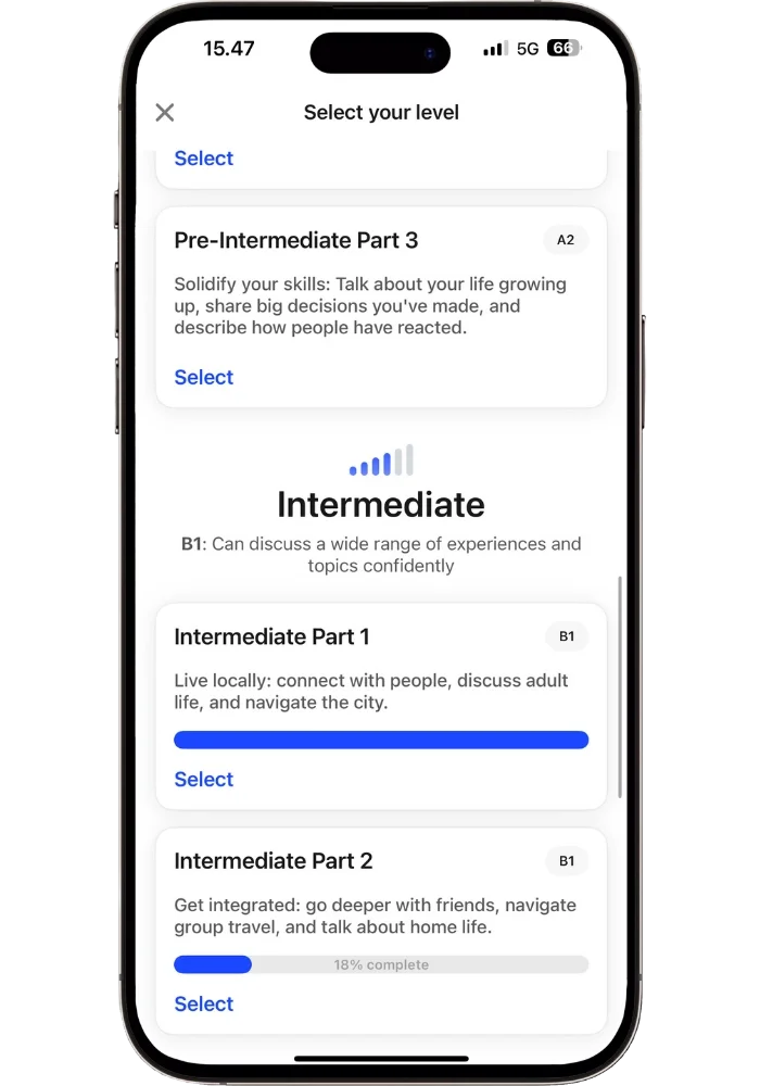 Speak app level selection screen showing Intermediate Part 1 complete and Intermediate Part 2 at 18 percent, illustrating the structured Spanish learning path