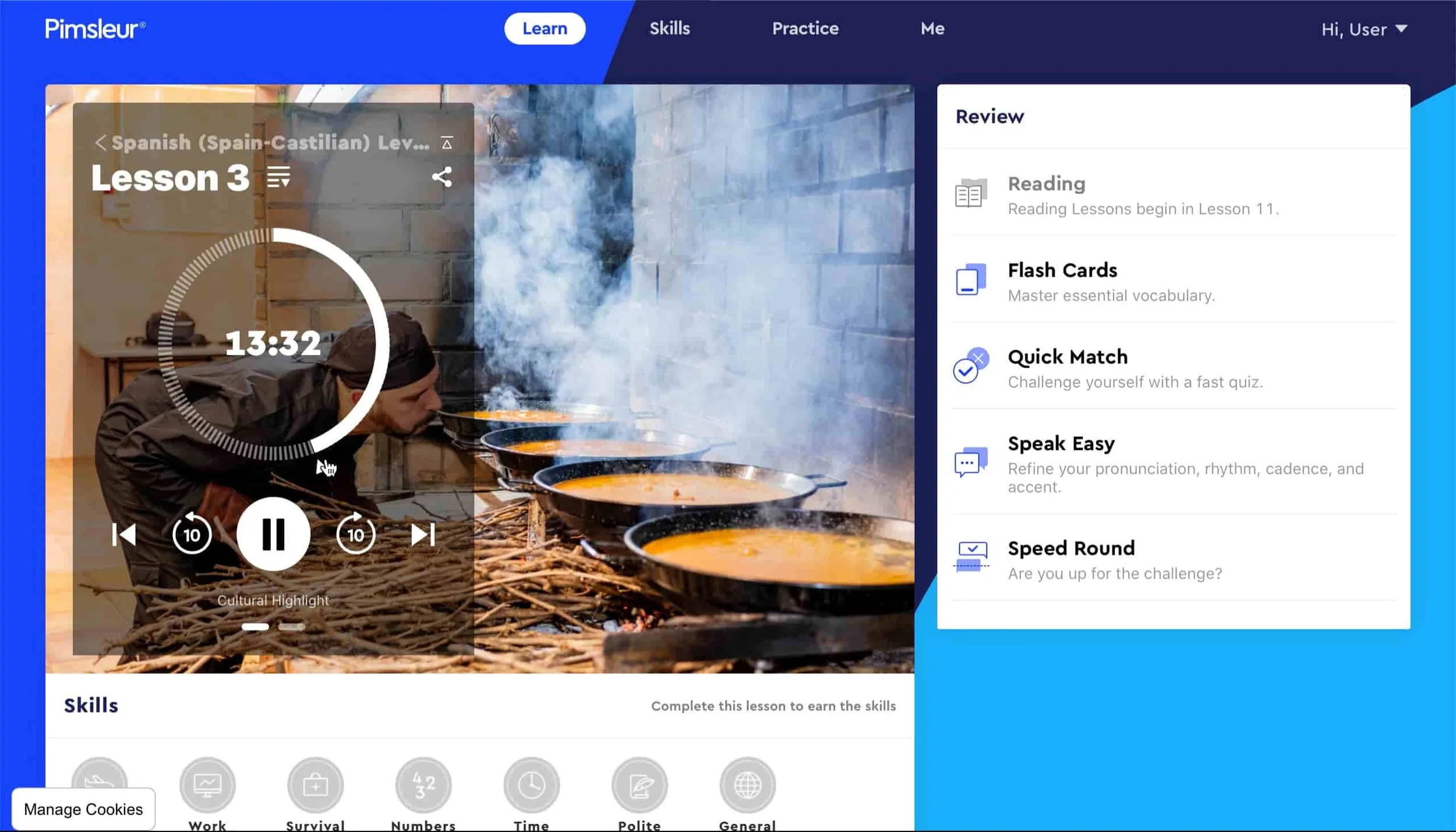Pimsleur Spanish lesson 3 audio interface with 30-minute lesson timer, playback controls, and review activities including flash cards, pronunciation practice, and quick match exercises