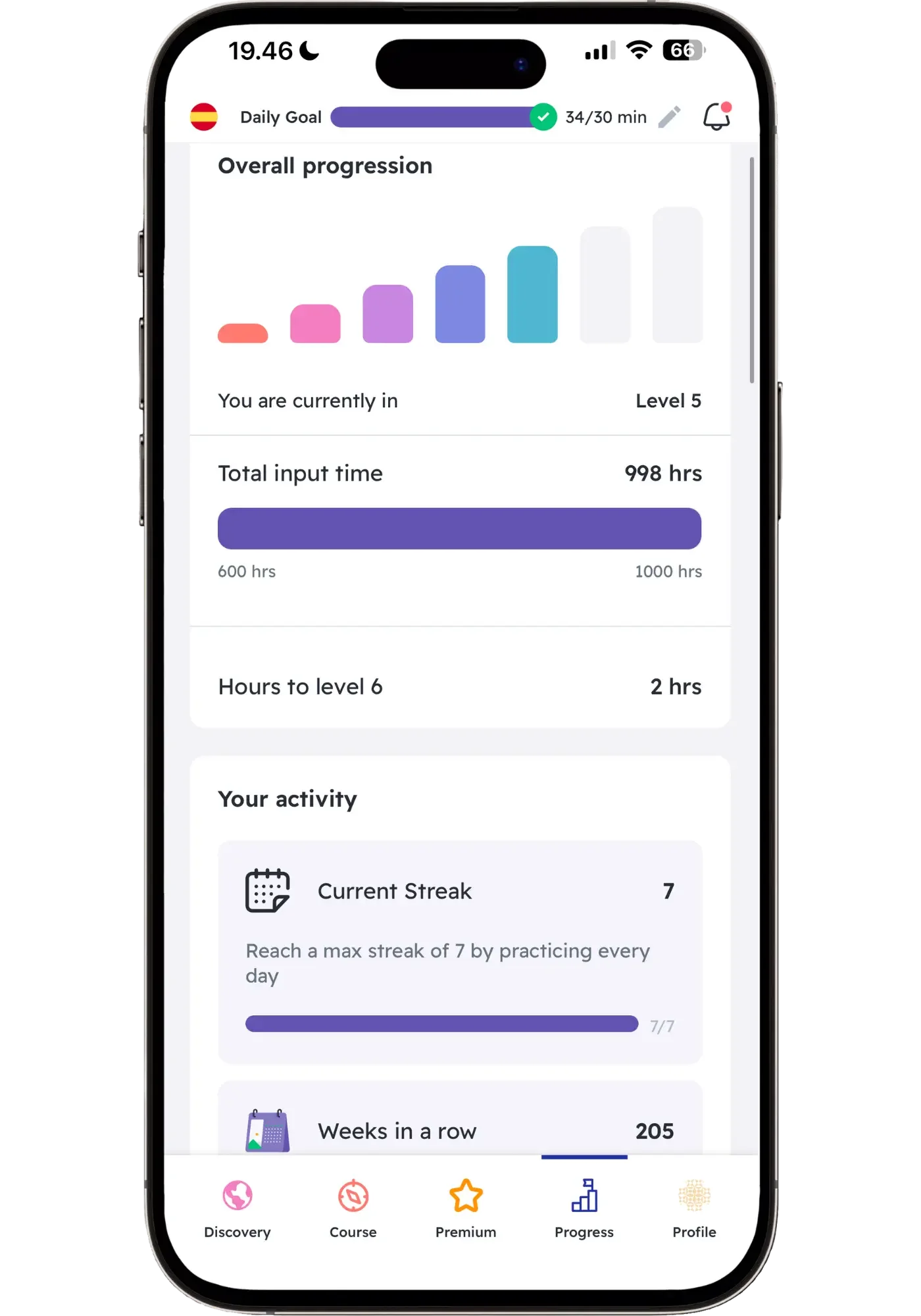 The Dreaming Spanish app showing 998 total hours of Spanish input, today's 30-minute daily goal completed, and a streak of 205 consecutive weeks.