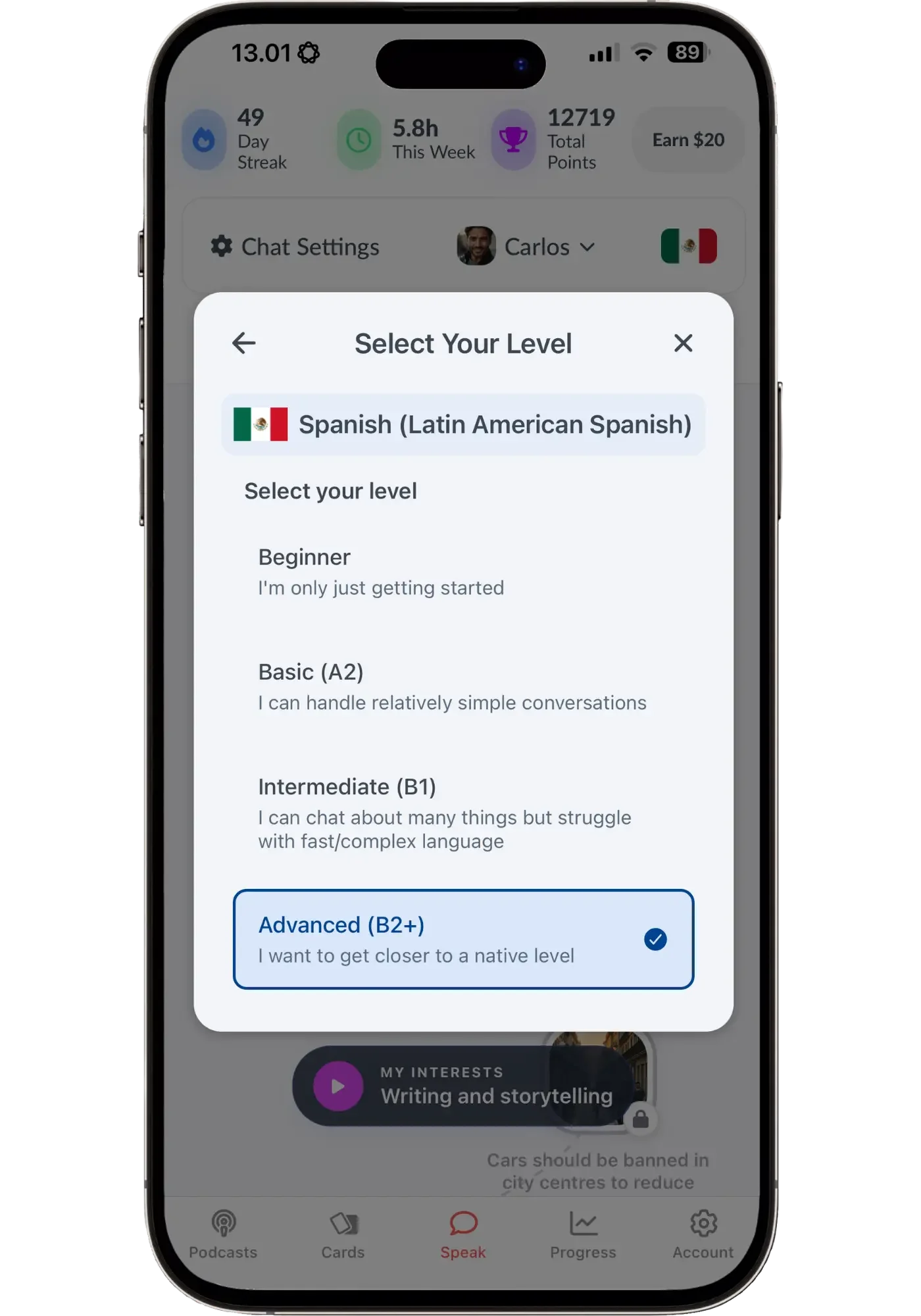 Langua's Select Your Level screen for Latin American Spanish, with four levels: Beginner, Basic (A2), Intermediate (B1) and Advanced (B2+), with Advanced selected.