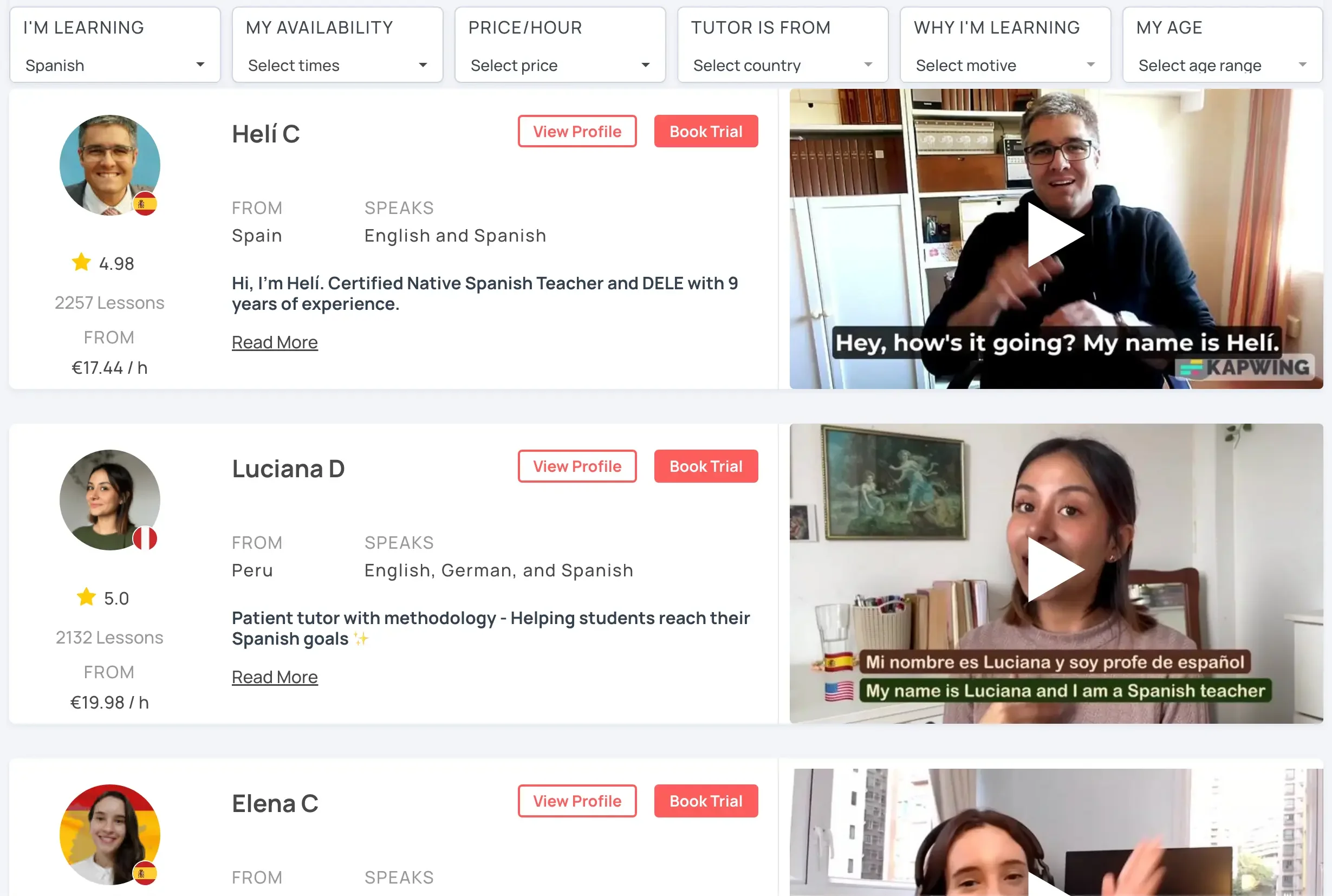 LanguaTalk's Spanish tutor search page, with filters for availability, price per hour, tutor's country, learning goal and age, showing tutor profiles from Spain and Peru with ratings, lesson counts, hourly prices, intro videos and Book Trial buttons.