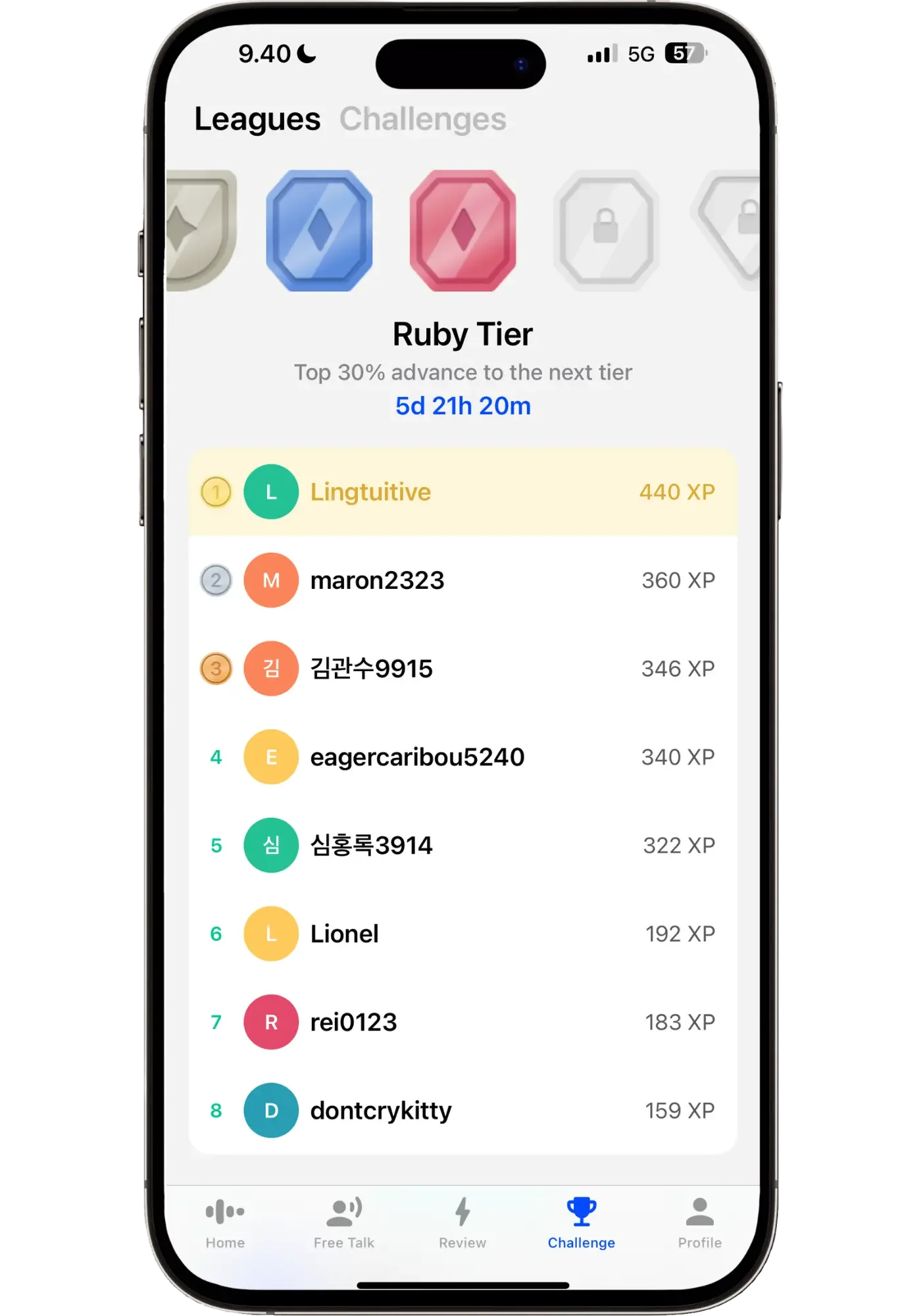 Speak app's Ruby Tier leaderboard showing the user Lingtuitive at rank 1 with 440 XP, ahead of other players, with 5 days 21 hours remaining before the top 30% advance to the next tier.