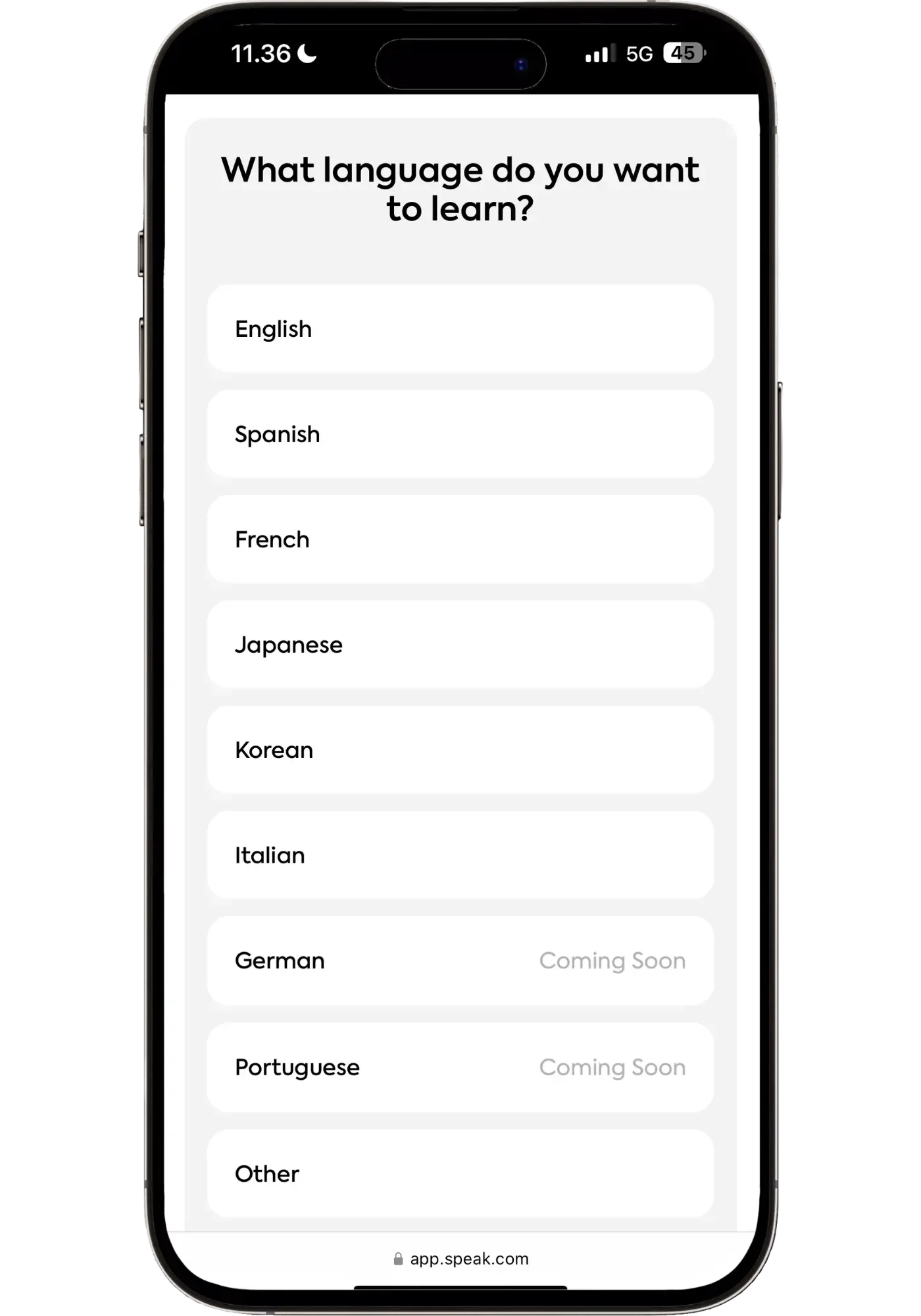 Speak onboarding screen asking "What language do you want to learn?" with options including English, Spanish, French, Japanese, Korean, Italian, German, Portuguese, and Other.