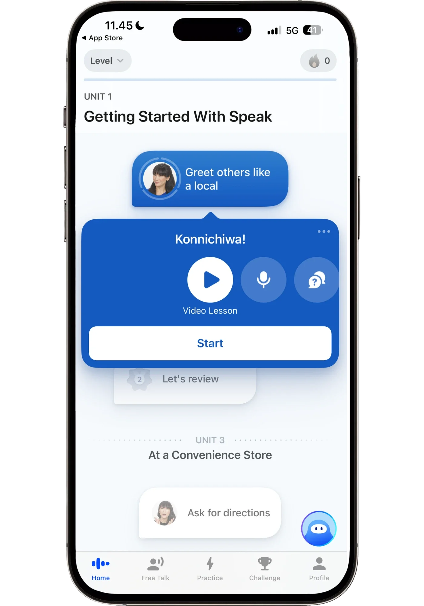 Speak app home screen for Japanese showing Unit 1 "Getting Started With Speak" with the first lesson "Greet others like a local" expanded, a video lesson play button, and the bottom navigation bar.