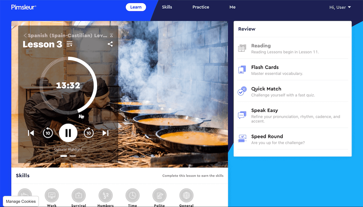 Pimsleur Spanish lesson 3 audio interface with 30-minute lesson timer, playback controls, and review activities including flash cards, pronunciation practice, and quick match exercises