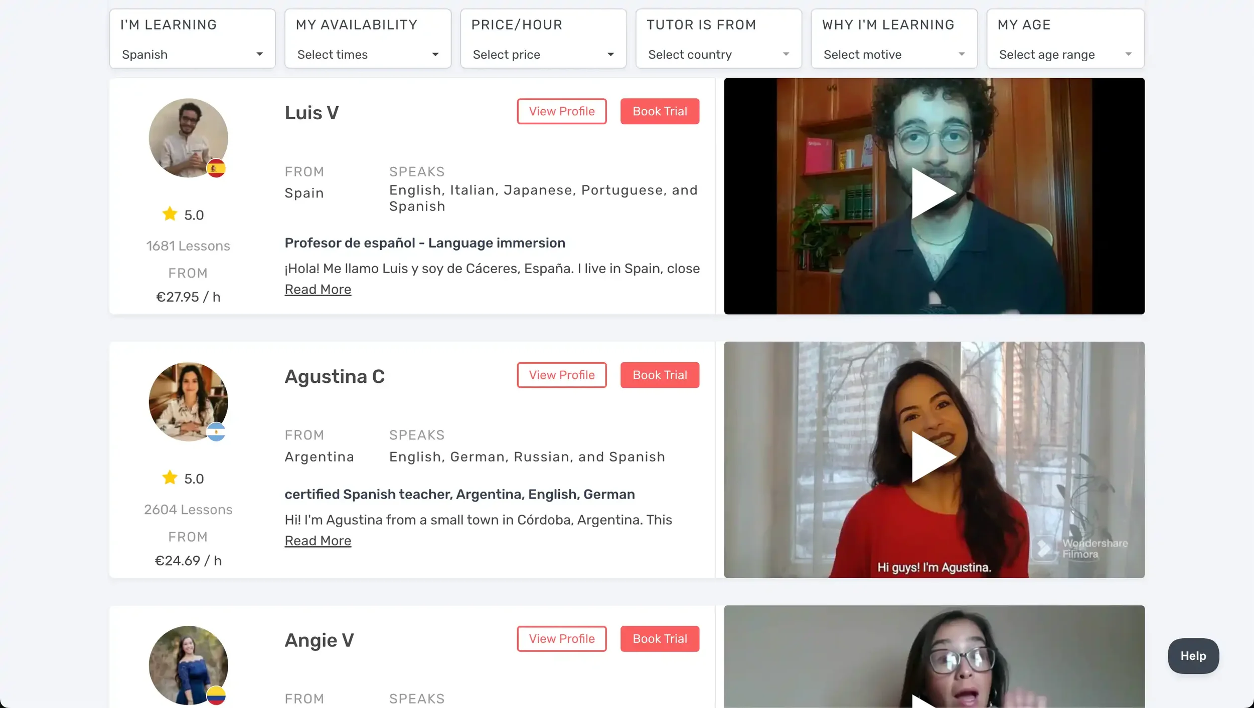 LanguaTalk platform displaying Spanish tutor profiles with filter options for availability, price, country, and teaching style - showing certified native Spanish teachers for online lessons