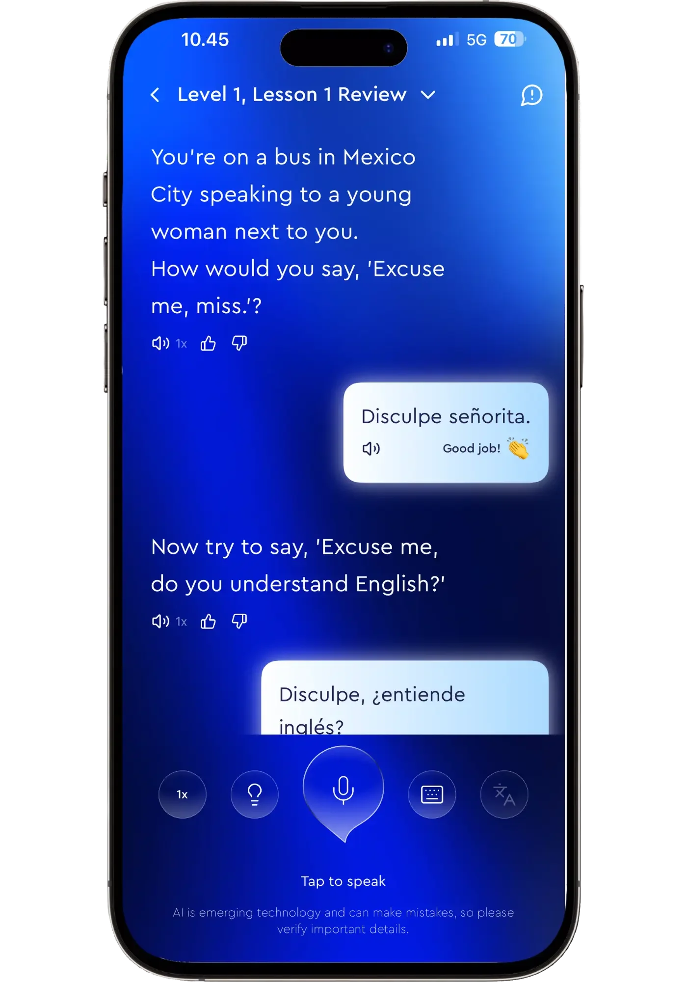 Pimsleur's AI conversation feature guiding a Spanish role-play, asking the learner how to say a phrase and showing their spoken response marked correct.