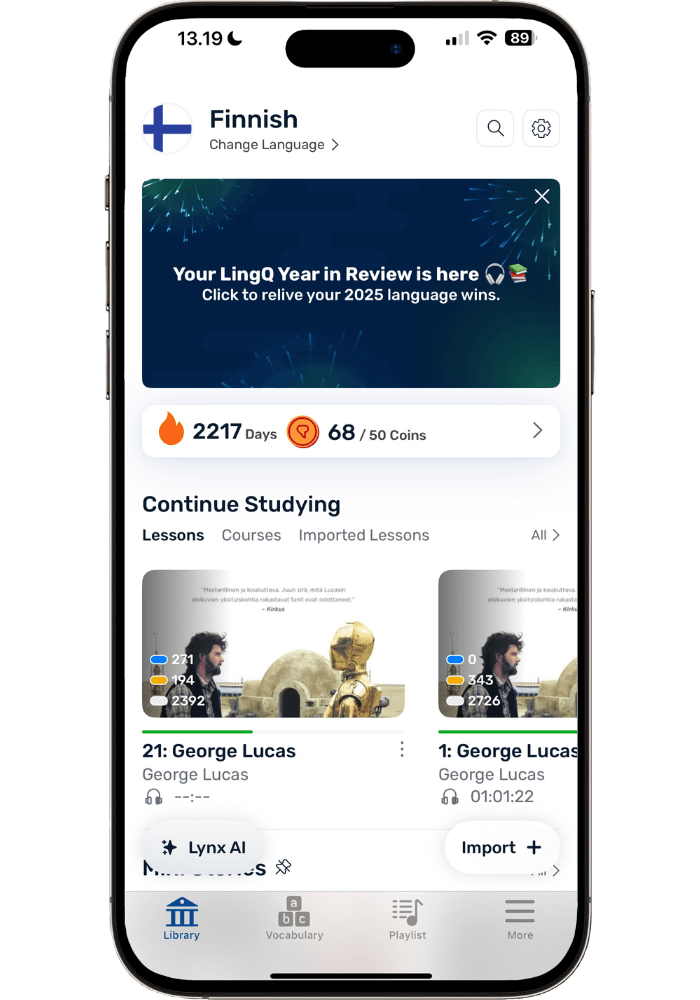 LingQ Finnish learning dashboard showing 6+ year daily streak with George Lucas book in progress and gamification features