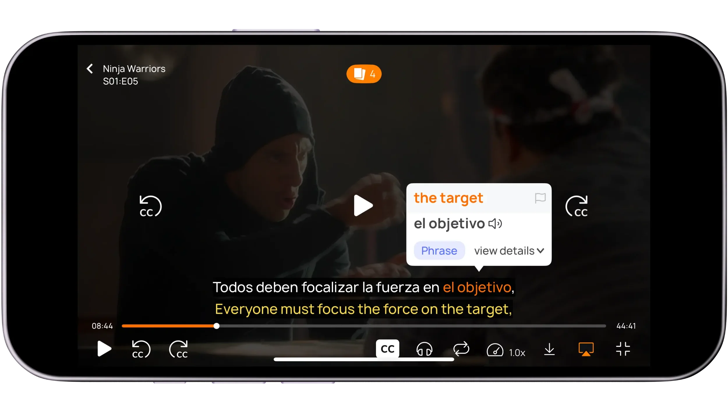 Lingopie's mobile app showing a translation popup after tapping a Spanish phrase, with the English translation, audio button, and word details visible above the highlighted subtitle.