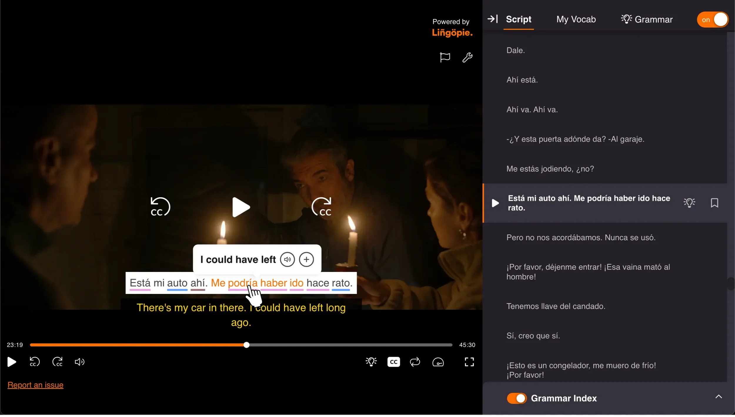 Lingopie's Chrome extension running on a Netflix show with dual Spanish-English subtitles, a clicked-word translation popup, color-coded grammar markers, and the Lingopie sidebar showing the script, vocabulary, and grammar tools.