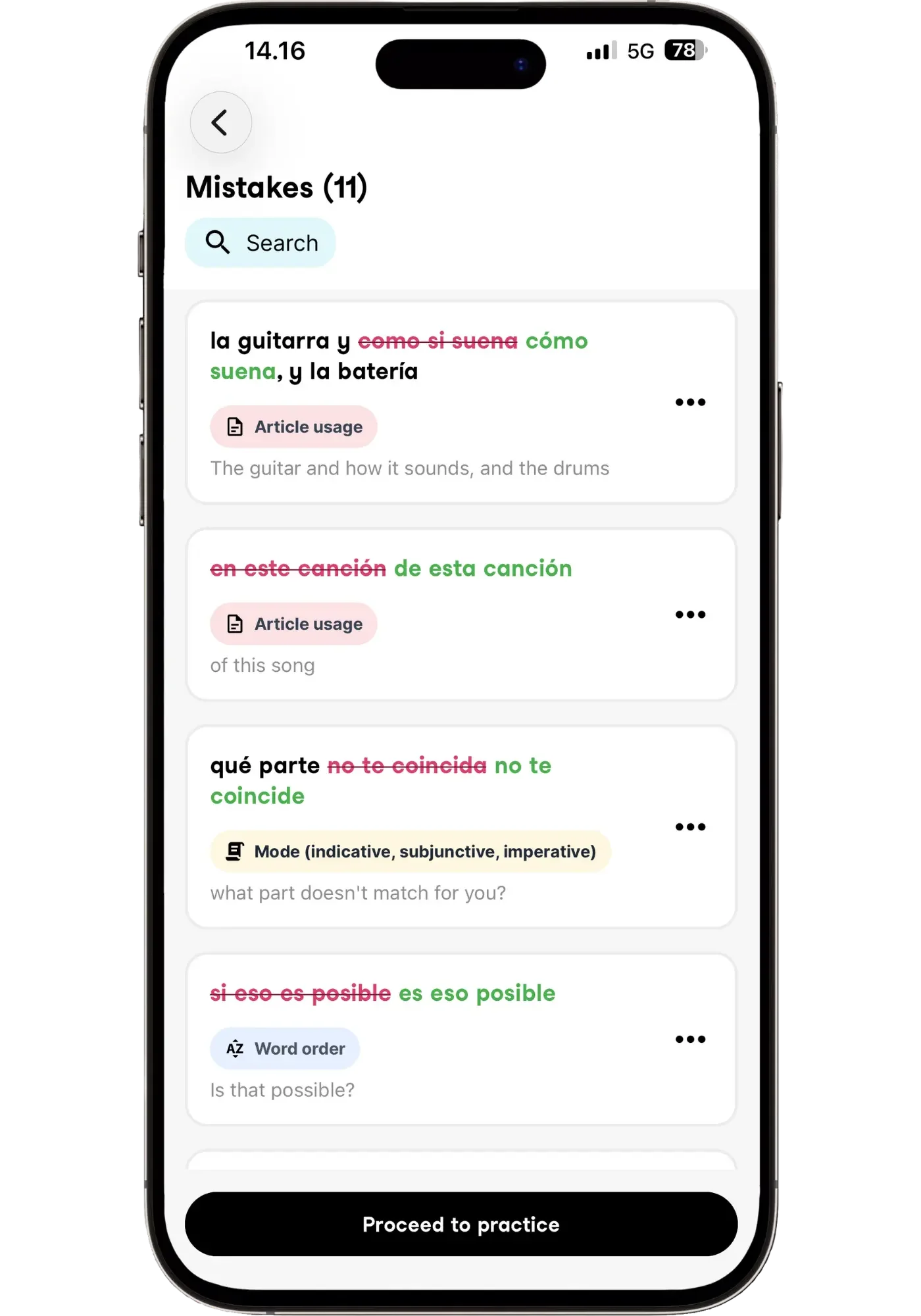 Univerbal's Mistakes review listing corrected Spanish errors categorized by type, such as article usage, mode, and word order, ready to practice.