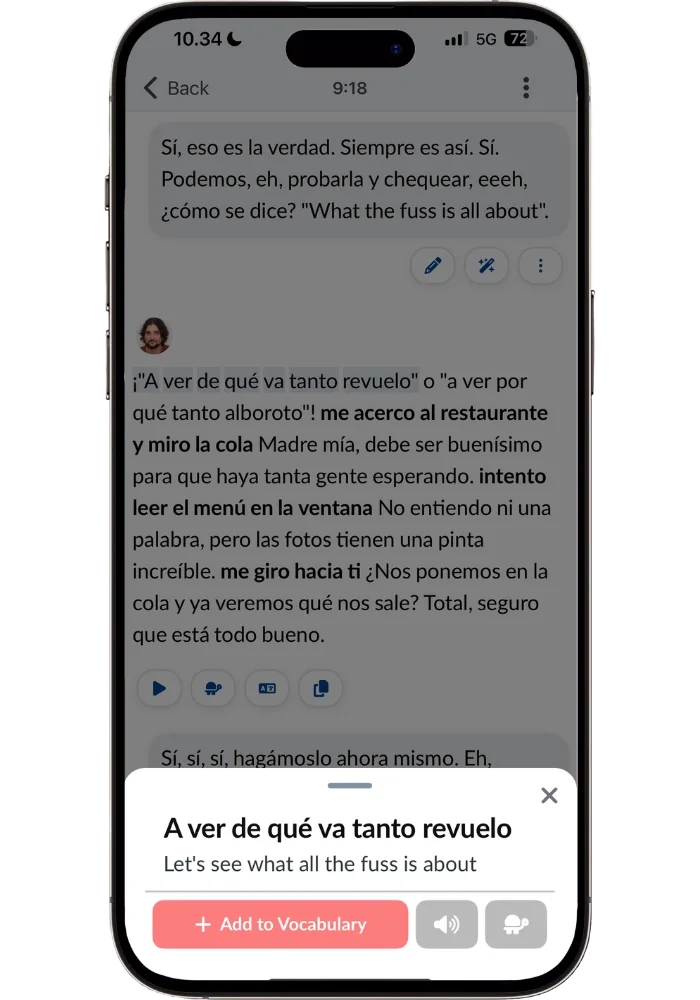Langua app showing phrase lookup for the Spanish expression 'A ver de qué va tanto revuelo' meaning 'Let's see what all the fuss is about' with an Add to Vocabulary button