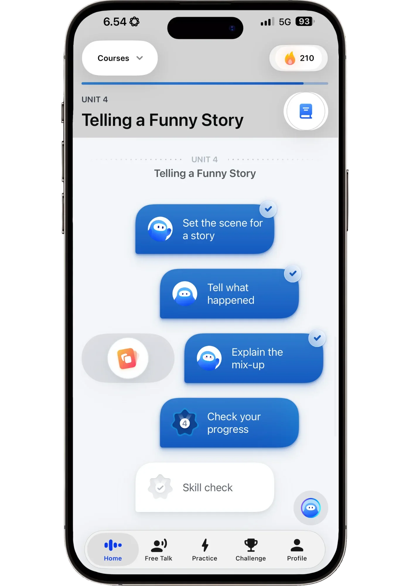Speak’s learning path for Unit 4, “Telling a Funny Story”: three completed lessons in a row, followed by a progress check and an end-of-unit skill check.