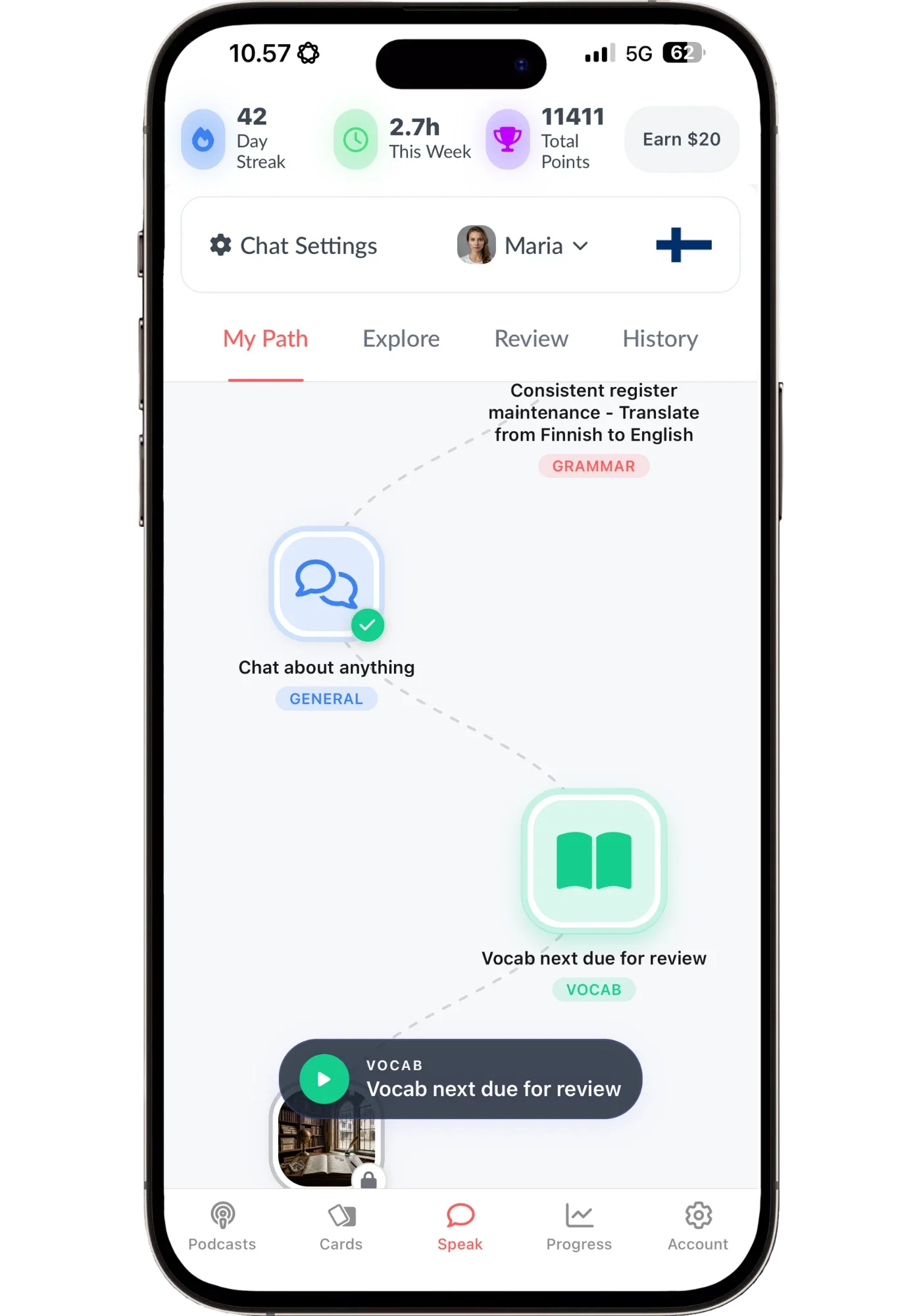 Langua’s My Path in Finnish: a grammar activity built around a weak spot from my own chats, an open chat, and a vocabulary review that’s due.