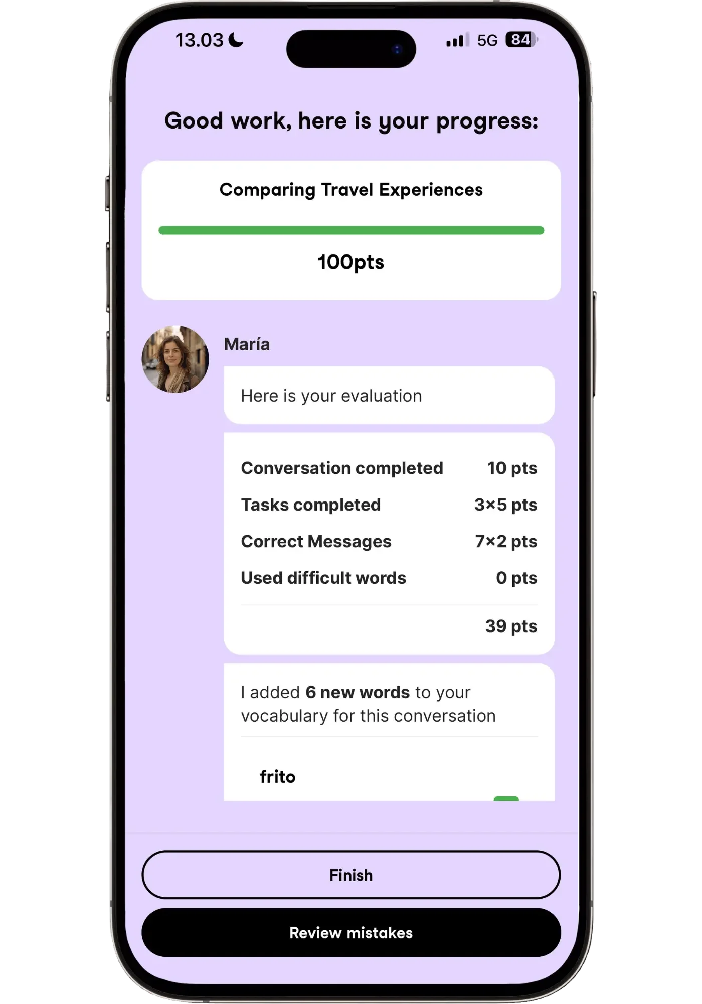 Univerbal end-of-lesson summary screen for a Spanish conversation titled "Comparing Travel Experiences," showing a 100-point progress bar and a points breakdown for conversation completed, tasks completed, correct messages, and new vocabulary added.
