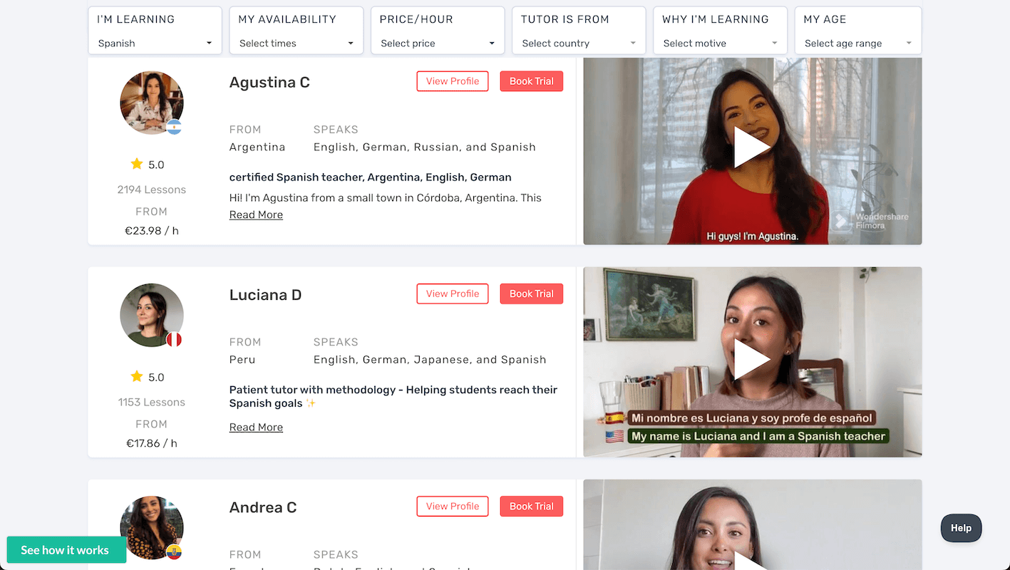 LanguaTalk platform displaying Spanish tutor profiles with filter options for availability, price, country, and teaching style - showing certified native Spanish teachers for online lessons