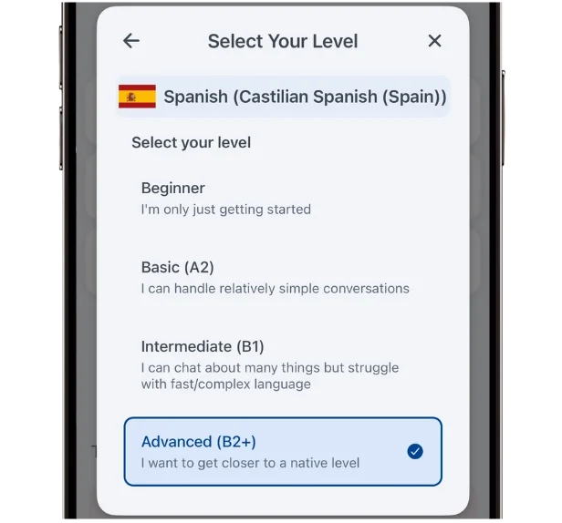 Langua level selection showing four options from Beginner to Advanced B2+ with descriptions of what each level means for conversation difficulty