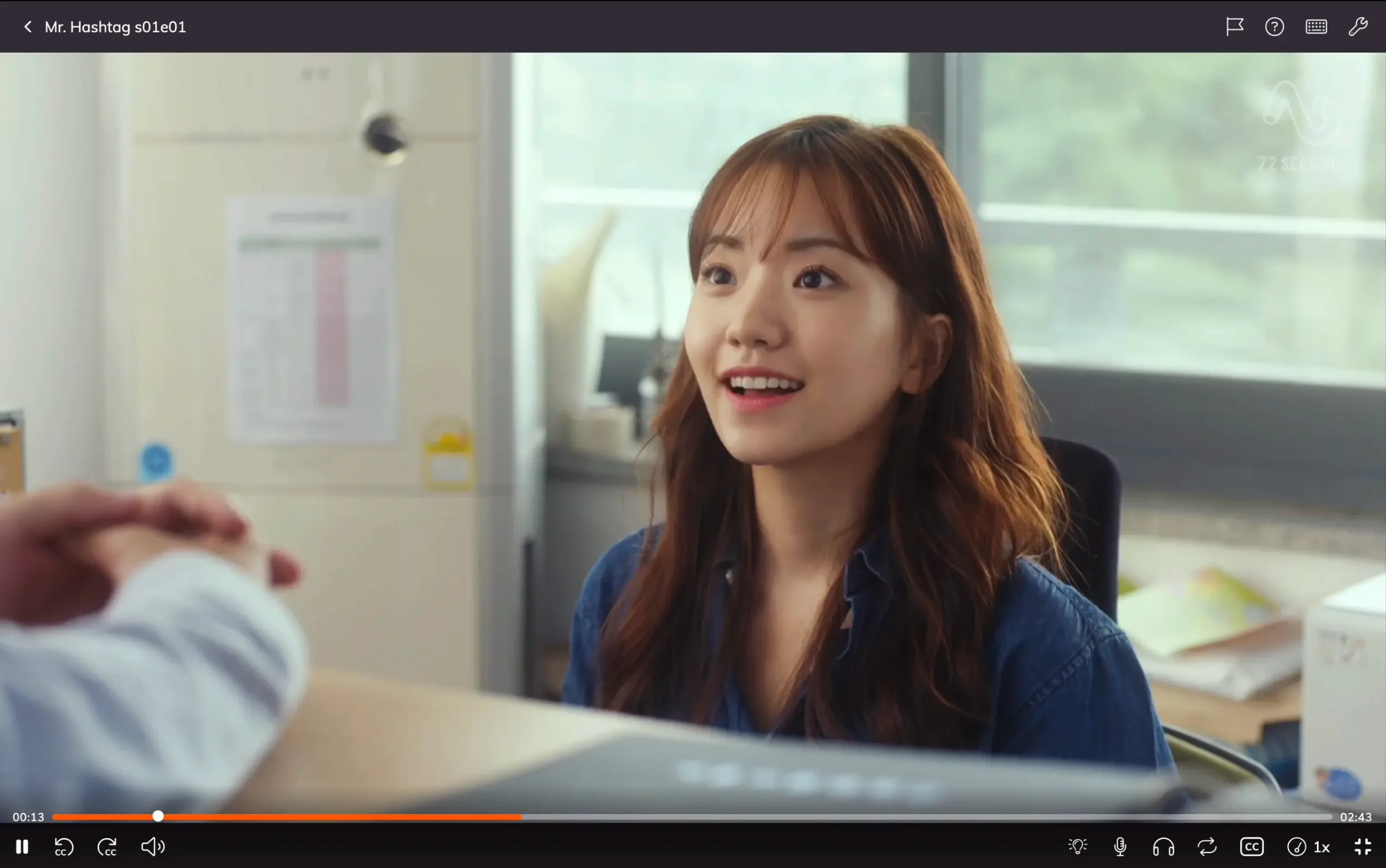 Korean web series Mr. Hashtag playing in Lingopie with subtitles turned off, showing a character mid-conversation in an office scene